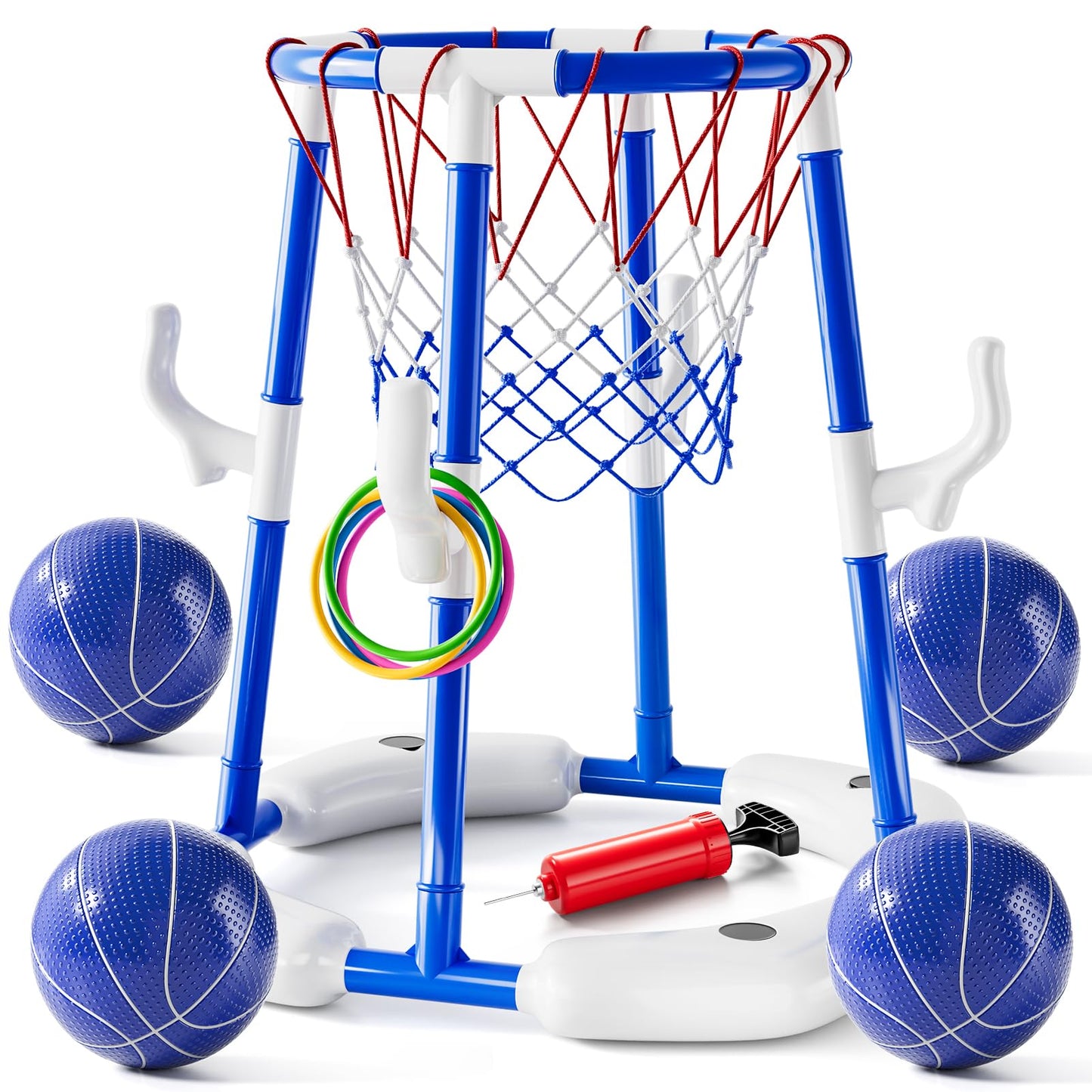 Hot 2-in-1 Pool Basketball Hoop & Ring Games with 4 Balls 12 Rings and Pump, Summer Water Outdoor Party Swimming Pool Toys Games for Kids Ages 4-8 8-12 Adult, Family Water Party Birthday Games Toys