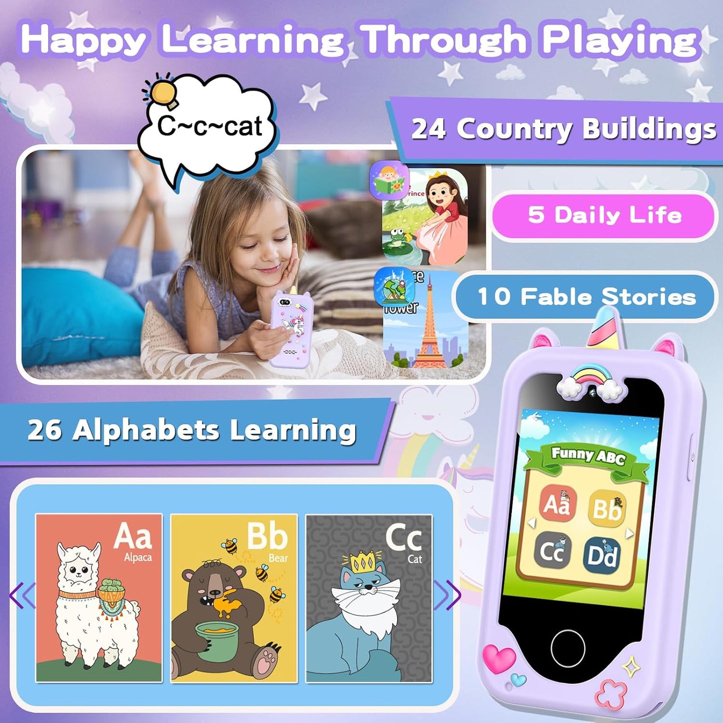 Hot Kids Smart Phone for Girls, Christmas Birthday Gifts for Girls Age 3-10 Kids Toys Cell Phone, 2.8" Touchscreen Toddler Learning Play Toy Phone with Dual Camera, Game, Music Player, 8GB Card Purple