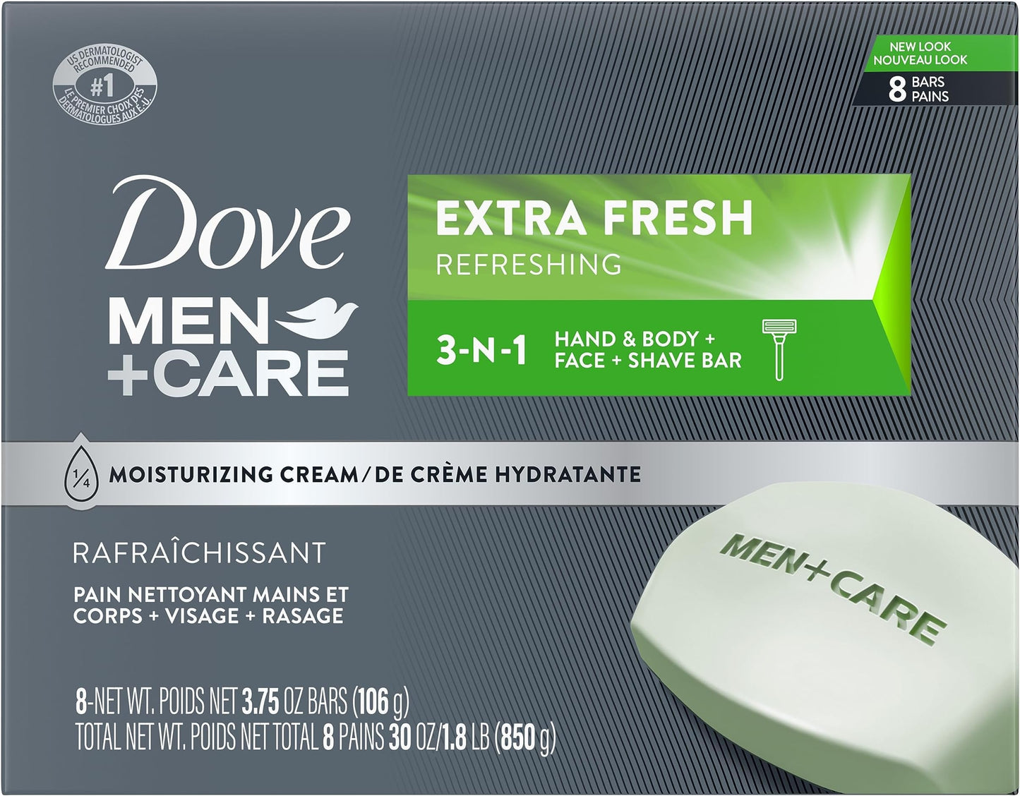 HotDOVE MEN + CARE 3 in 1 Bar Cleanser for Body, Face, and Shaving Extra Fresh Body and Facial Cleanser More Moisturizing Than Bar Soap to Clean and Hydrate Skin 3.75 Ounce (Pack of 8)