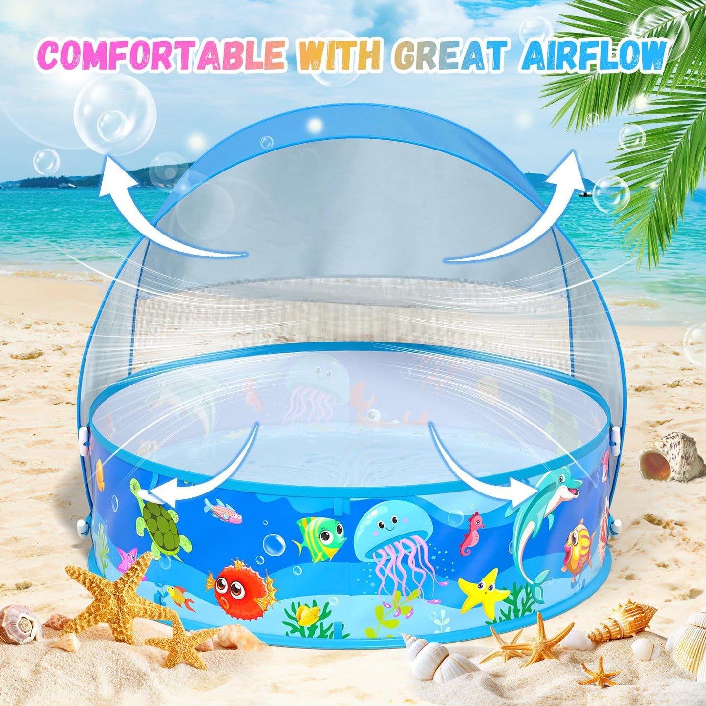 Hot Baby Pool with Canopy Foldable Kiddie Pool with Sun Shade Pools for Toddlers Baby Beach Essentials Pop Up Tent Swimming Wading Pools Portable Summer Water Play for Indoor Outdoor Beach Backyards