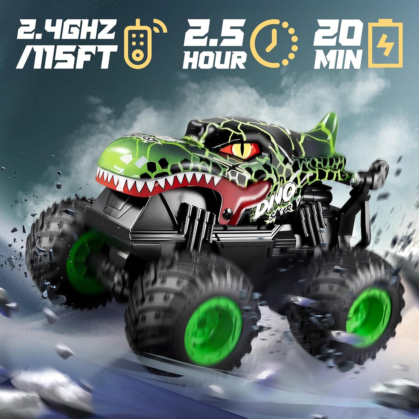 HotBEZGAR Monster Truck Toys - Remote Control Monster Truck with Light & Music, Dinosaur Toys for Kids, 1:20 Scale RC Truck with 360° Spins and Drifting, Remote Control Car for Boys 4-7