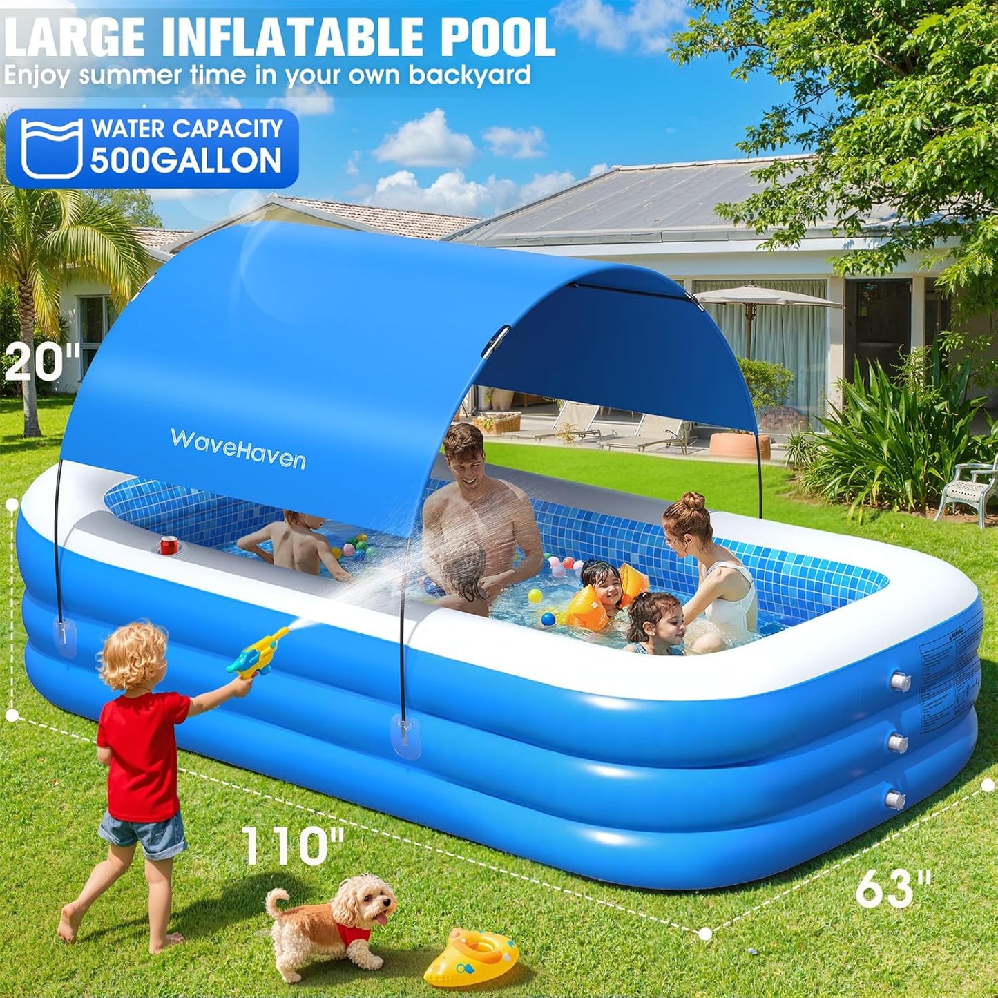 Hot 2026 Inflatable Pool with Canopy,Upgraded Blow Up Pool for Adults&Kids,Large Inflatable Pool with Seat and Big Backrest,Kiddie Pool with Shade,Kid Swimming Pool for Backyard 110"x63"x20"Blue