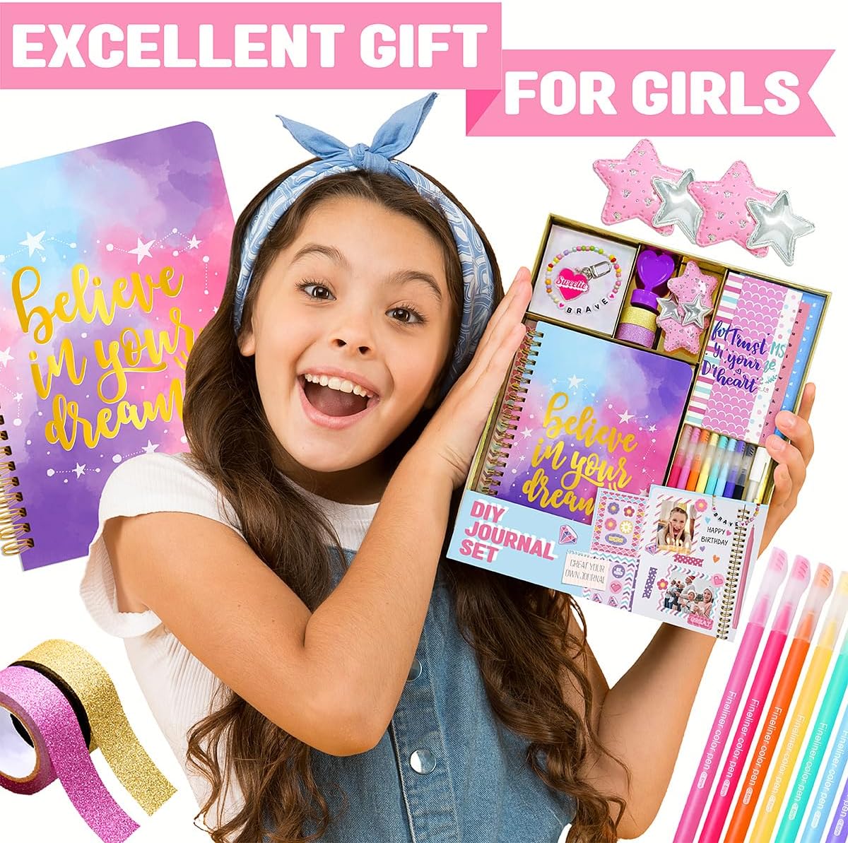 HotNollh DIY Journal Kit for Girls - 200+PCS Teen Tween Girl Gifts Trendy Stuff, Stocking Stuffers, Scrapbook Supplies Stationery Set, Art Crafts Kit - Ideal Gifts for 8 9 10 11 12 13 14 Year Old Girl
