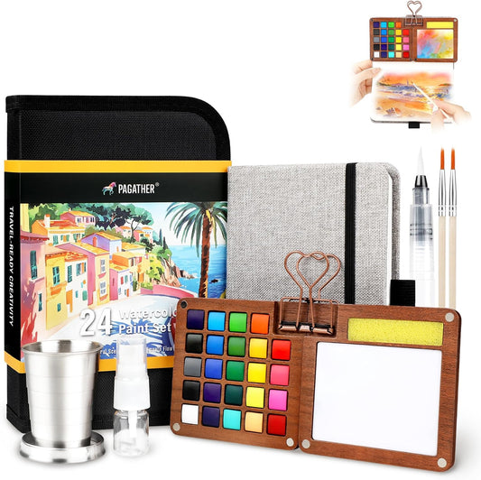 Hot Pagather 24 Colors Mini Watercolor Travel Set, Portable Watercolor Kit with Water Brush, Pocket Size Painting Set for Beginners, Hobbyists & Artists