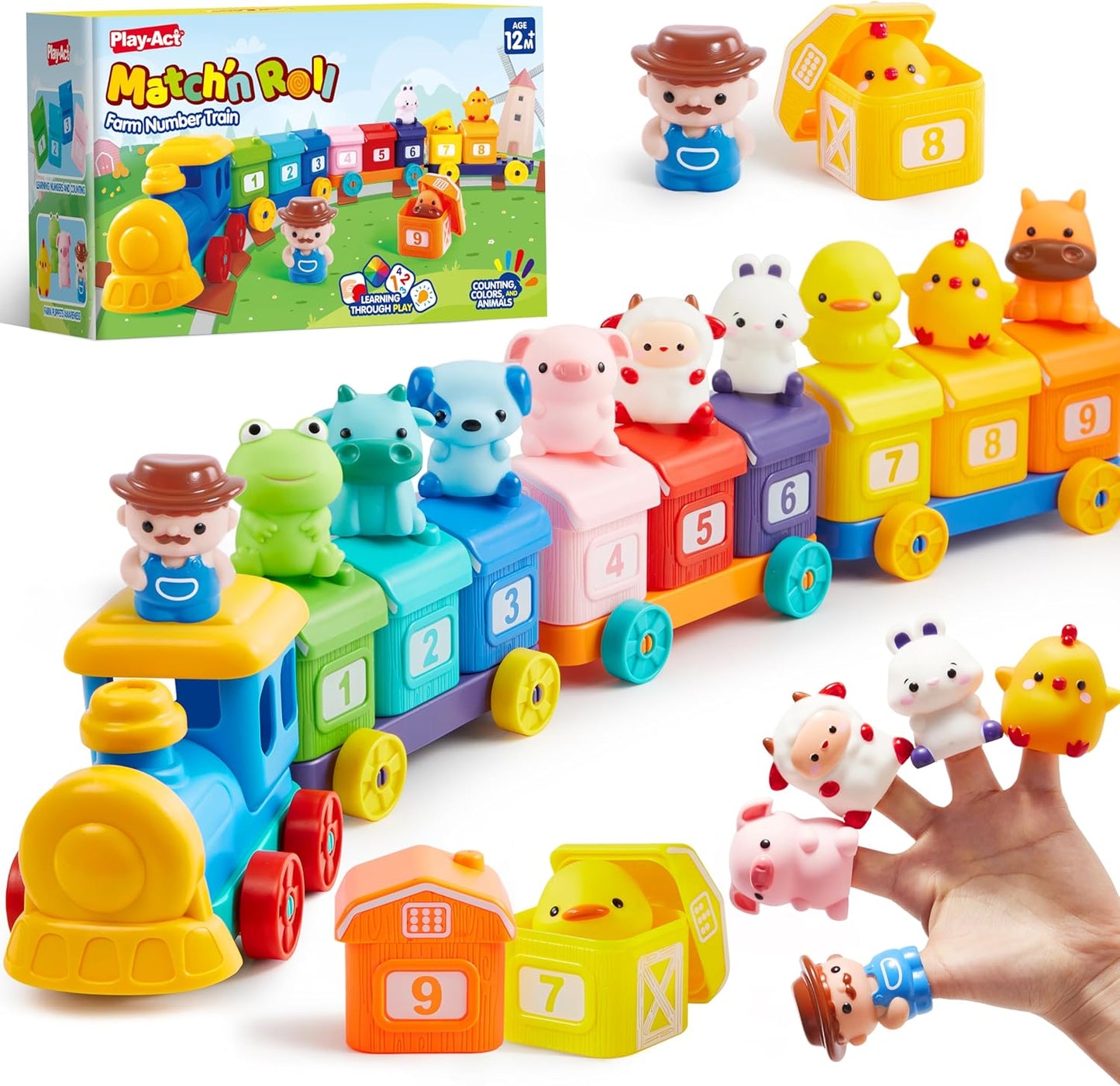 HotPlay-Act Learning Toy for Toddlers 1 2 3 Years Old, Counting, Matching & Sorting Montessori Learning Farm Train Including 9 Farm Animals, Birthday Gift for Baby Boys Girls