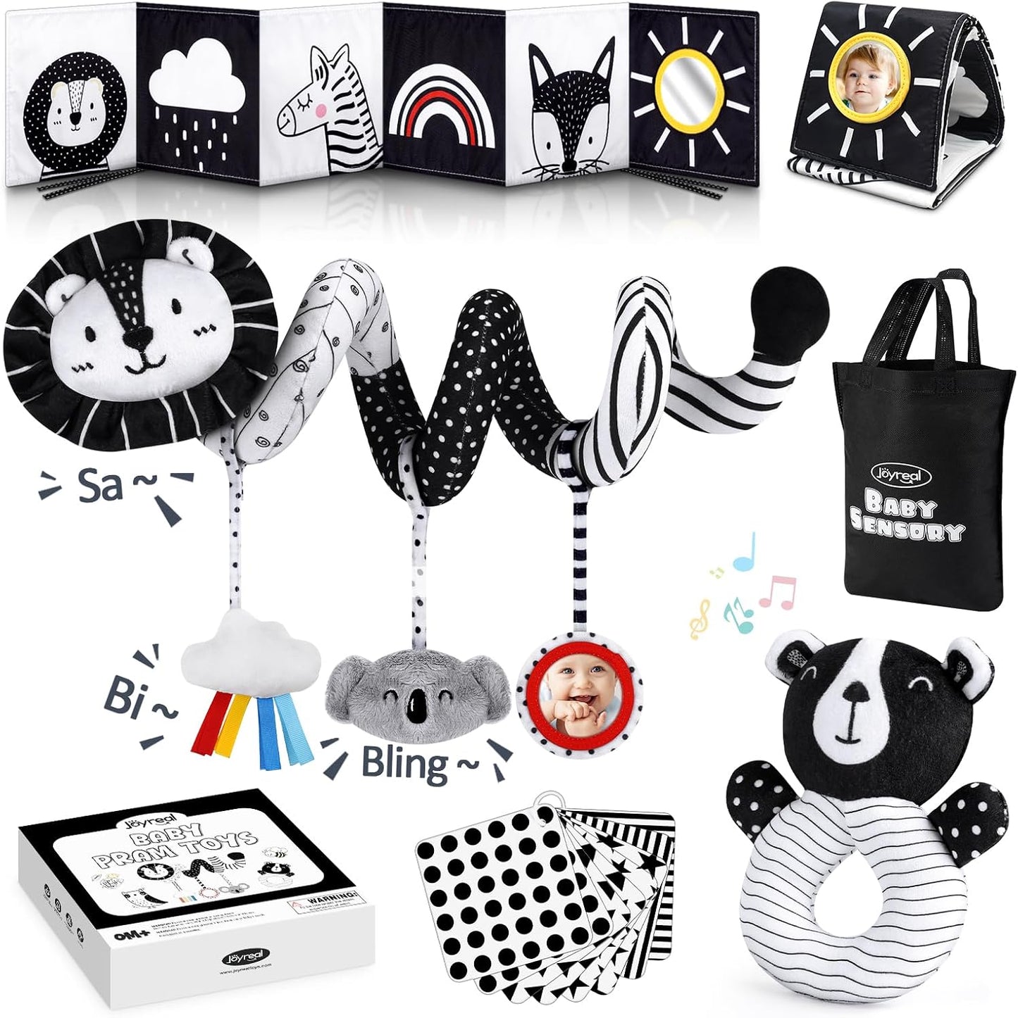 Hot Joyreal High Contrast Baby Toys for Newborn, Black and White Baby Sensory Toys with Car Seat Toys,Infant Toys with Black White Cards Book, Montessori Toys for Baby Gifts