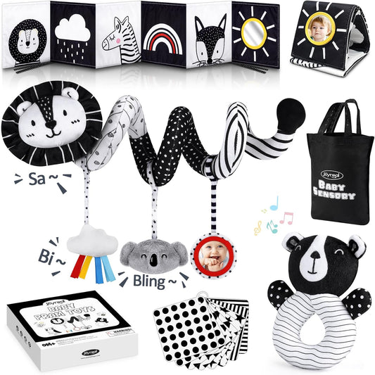 Hot Joyreal High Contrast Baby Toys for Newborn, Black and White Baby Sensory Toys with Car Seat Toys,Infant Toys with Black White Cards Book, Montessori Toys for Baby Gifts