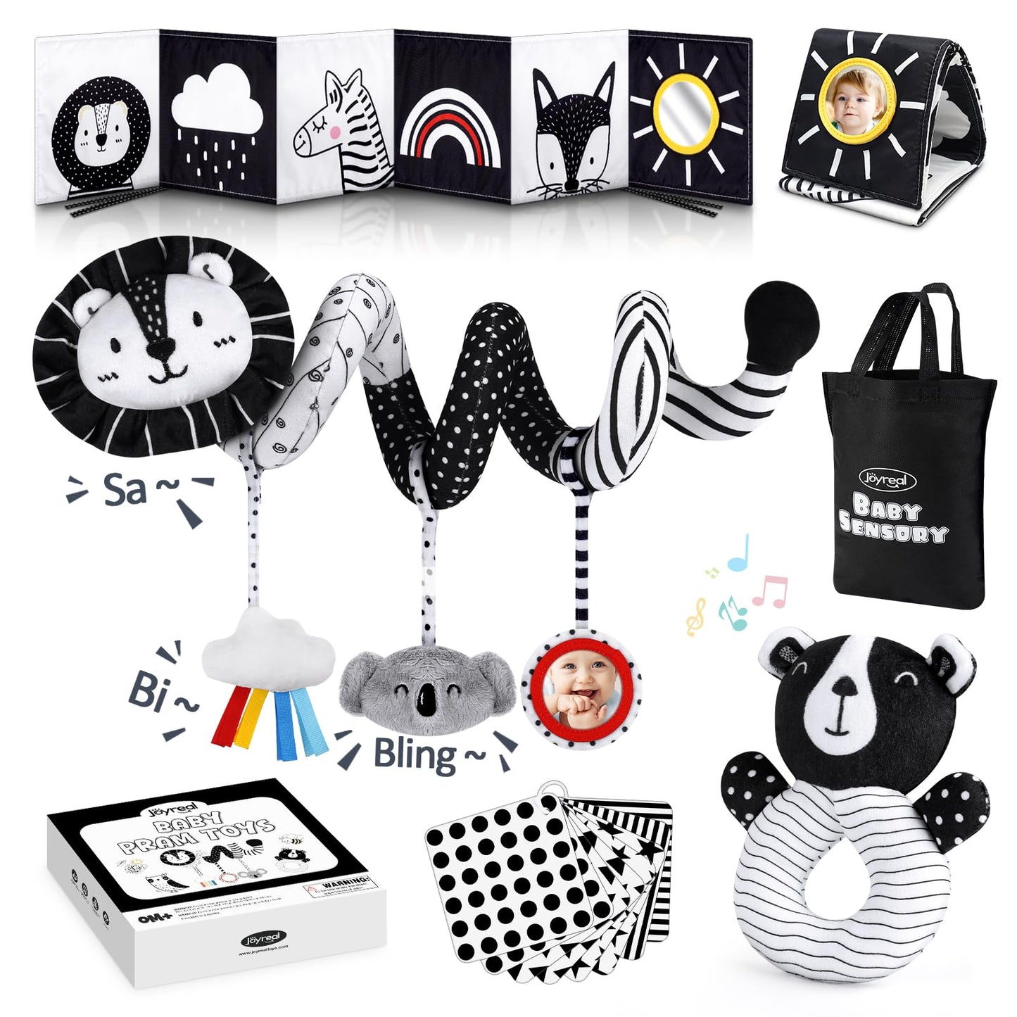 Hot Joyreal High Contrast Baby Toys for Newborn, Black and White Baby Sensory Toys with Car Seat Toys,Infant Toys with Black White Cards Book, Montessori Toys for Baby Gifts