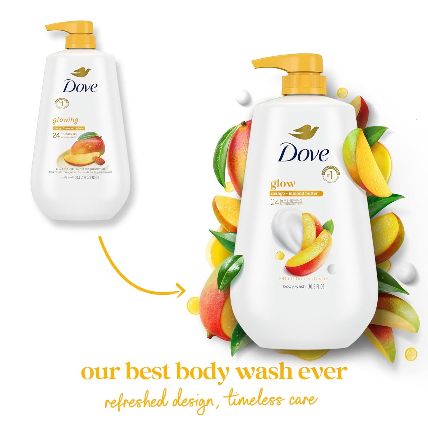 HotDove 24hr Lotion Body Wash Glow Mango & Almond Butter, 30.6 oz | Moisturizing body wash with MicroMoisture for radiant-looking skin