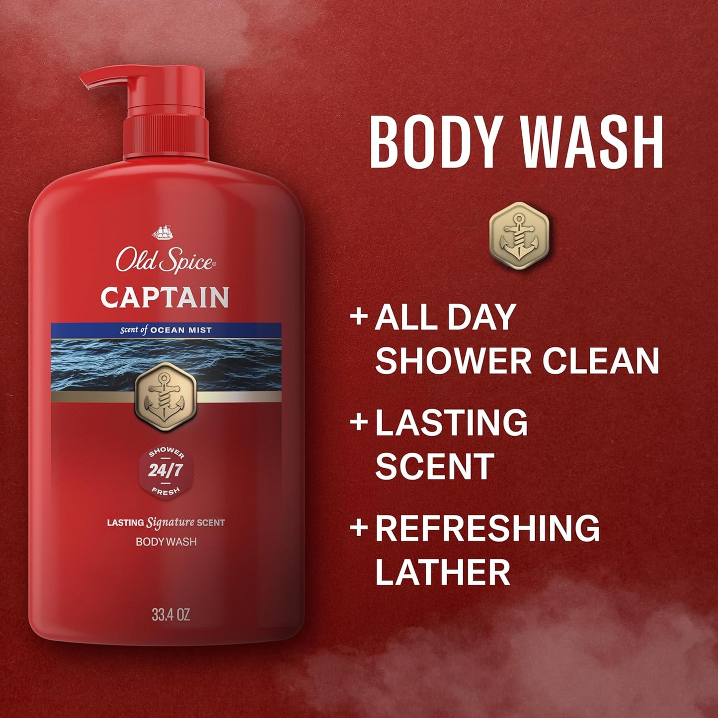 HotOld Spice Refreshing Body Wash for Men, 3X Defense, 24/7 Shower Fresh with Long Lasting Scent, Red Collection, Captain with Bergamot Scent, 33.4 oz