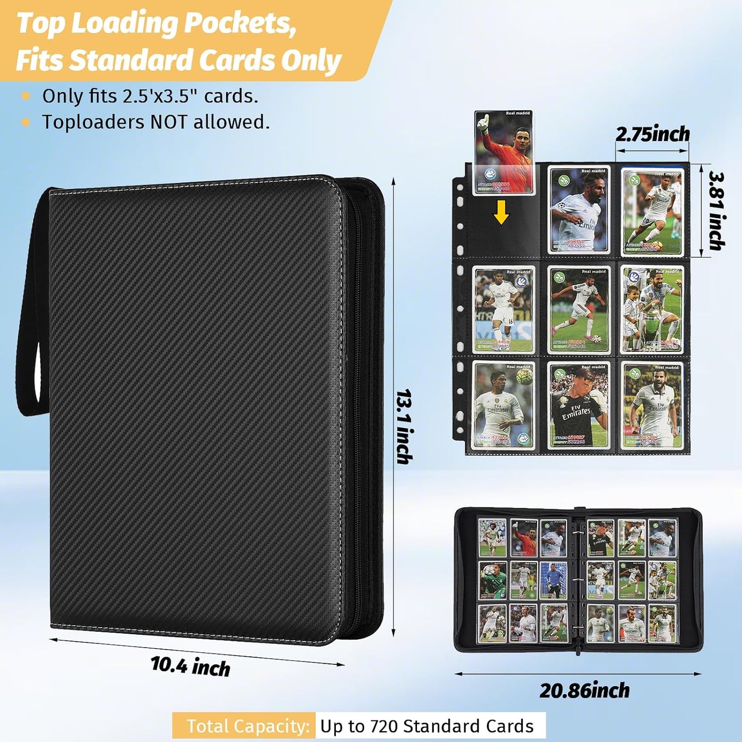 HotGERMUN 9 Pocket Trading Card Binder,720 Cards,40 Top-Loading Pages, Double Sided Pockets PU Cover Zipper Collection Album Folder for Standard MTG, TCG, Sports Cards(Black)