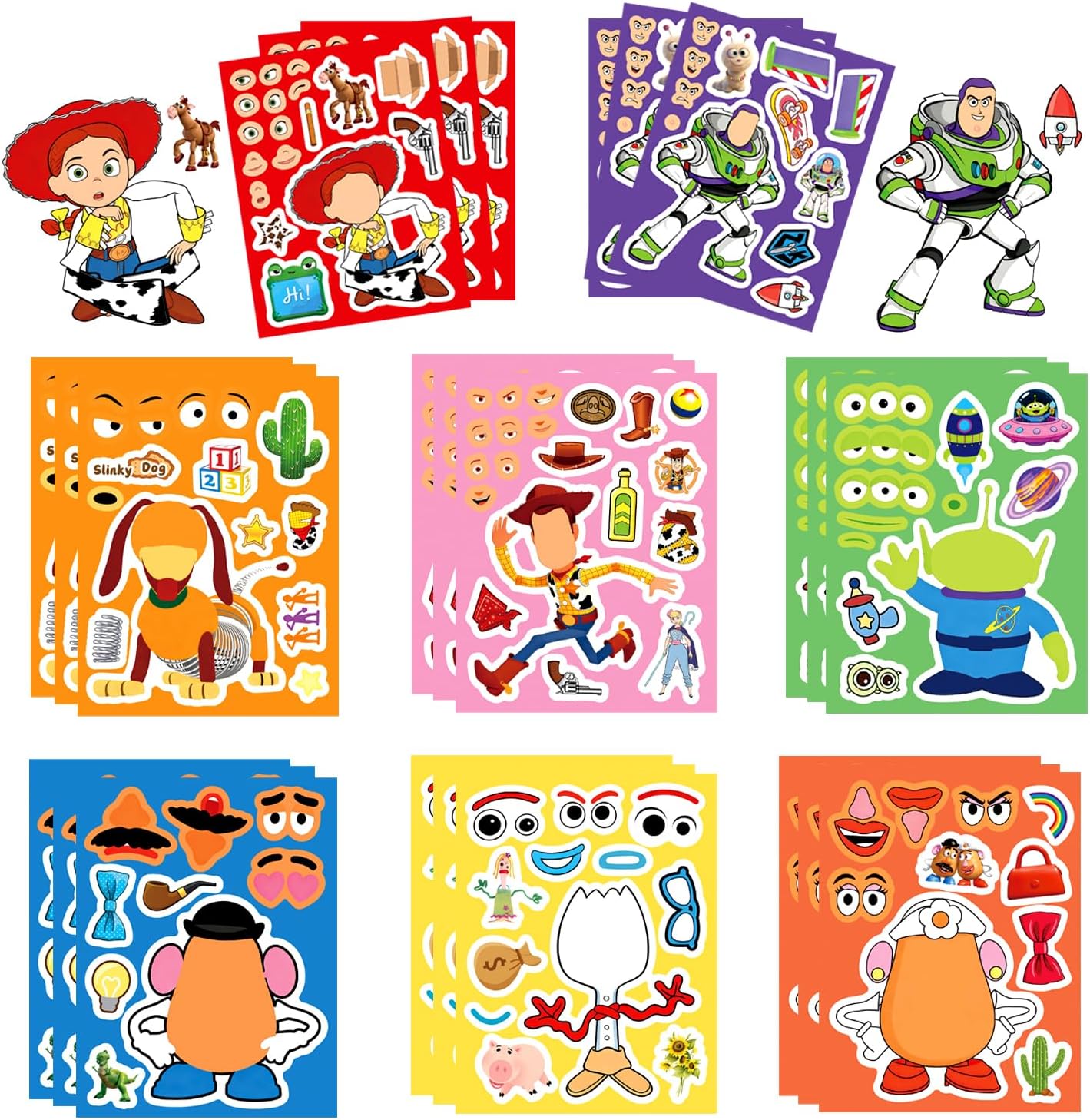 Hot 24pcs Make a face Toy Story Stickers,Make Your Own Stickers,Mixed & Matched with 8 Designed Characters(3 of Each) for Party Favors Supplies, Reward, Decor,Gift Idea