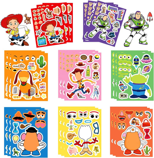 Hot 24pcs Make a face Toy Story Stickers,Make Your Own Stickers,Mixed & Matched with 8 Designed Characters(3 of Each) for Party Favors Supplies, Reward, Decor,Gift Idea