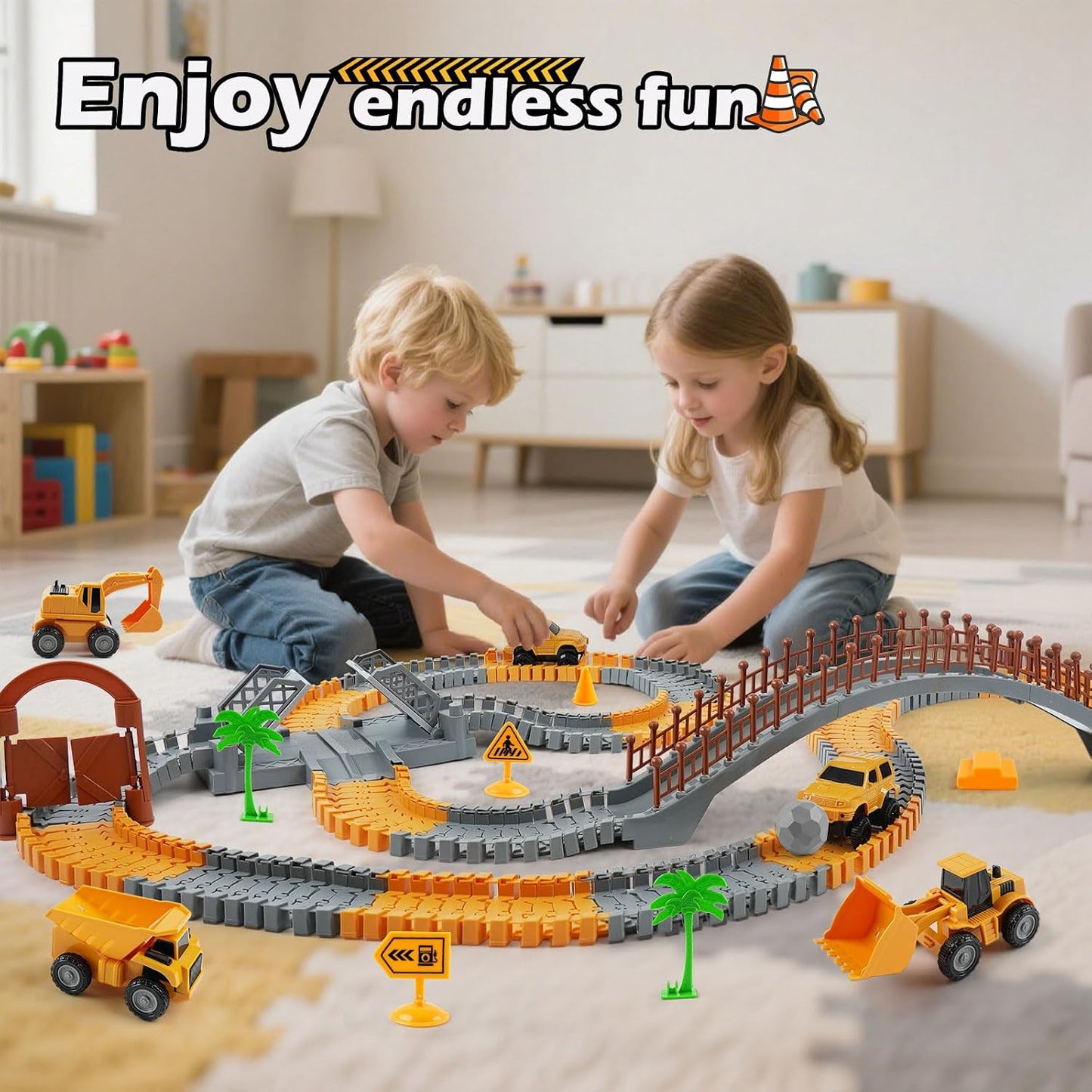 Hot Construction Race Car Track Set for Kids - Flexible Engineering Toys with 2 Electric Cars, Birthday Gift for 3 4 5 6 7 Year Old Boys, DIY Road Games Playset with 220+ PCS