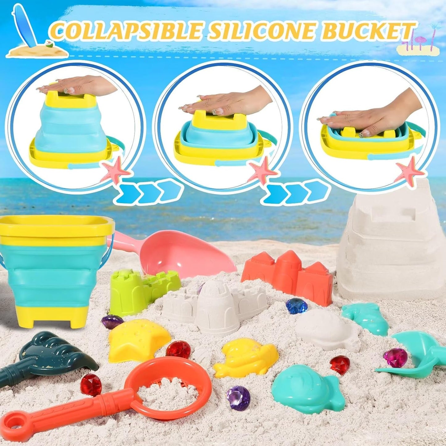 HotBeach Sand Toys for Kids,Sand toys with 2 Collapsible Beach Bucket,2 Beach Sifter Shovel,Sand Shovel Set,Sand Castle Kit,Sea Animal Molds,Diving Gem Pool Toy,Mesh Bag Travel Toys for Toddler 3-10