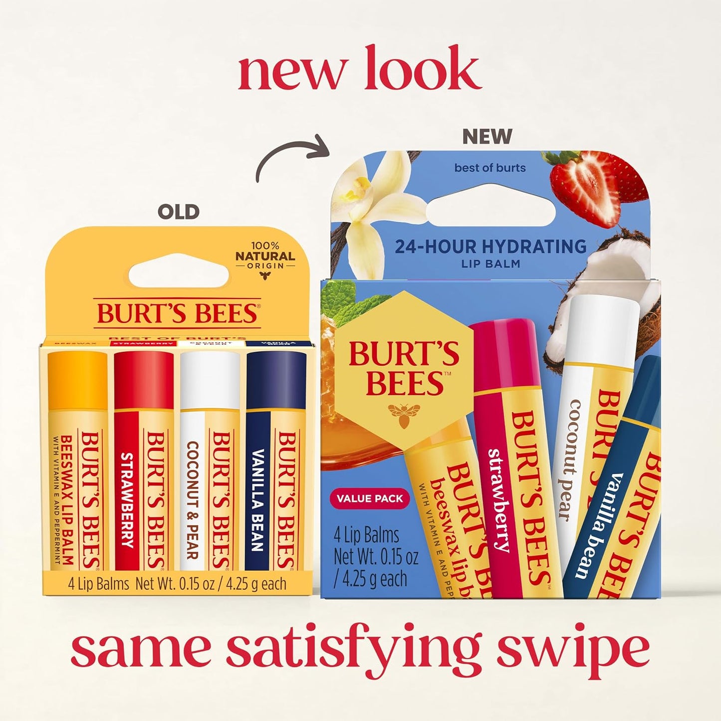 HotBurt's Bees Lip Balm, Beeswax, Strawberry, Coconut and Pear, and Vanilla Bean Pack, With Responsibly Sourced Beeswax, Tint-Free, Natural Lip Treatment, 0.15 oz., Four Tubes