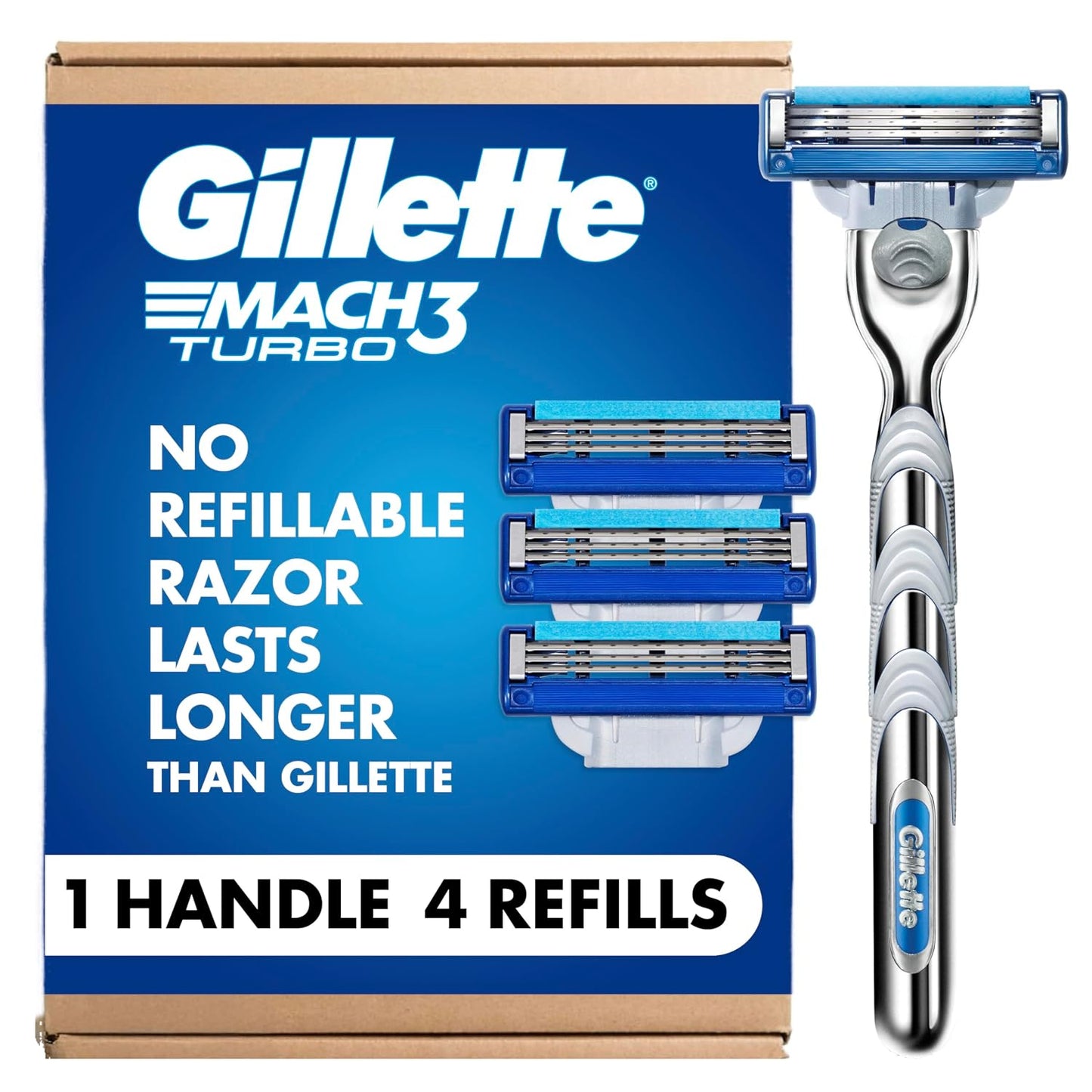 HotGillette Mach3 Turbo Razors for Men, 1 Handle, 4 Blade Refills