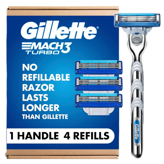 HotGillette Mach3 Turbo Razors for Men, 1 Handle, 4 Blade Refills