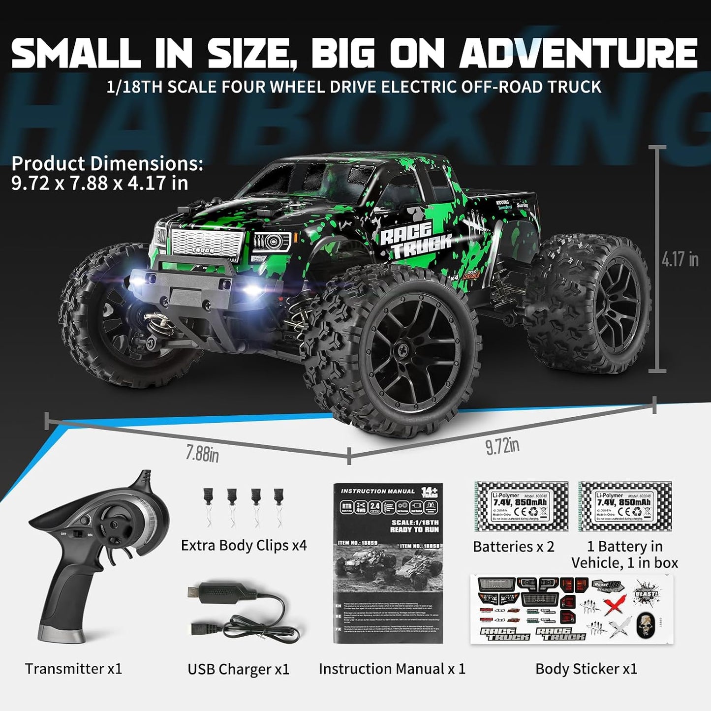 Hot HAIBOXING 1:18 Scale All Terrain RC Car 18859, 36 KPH High Speed 4WD Electric Vehicle with 2.4 GHz Remote Control, 4X4 Waterproof Off-Road Truck with Two Rechargeable Batteries