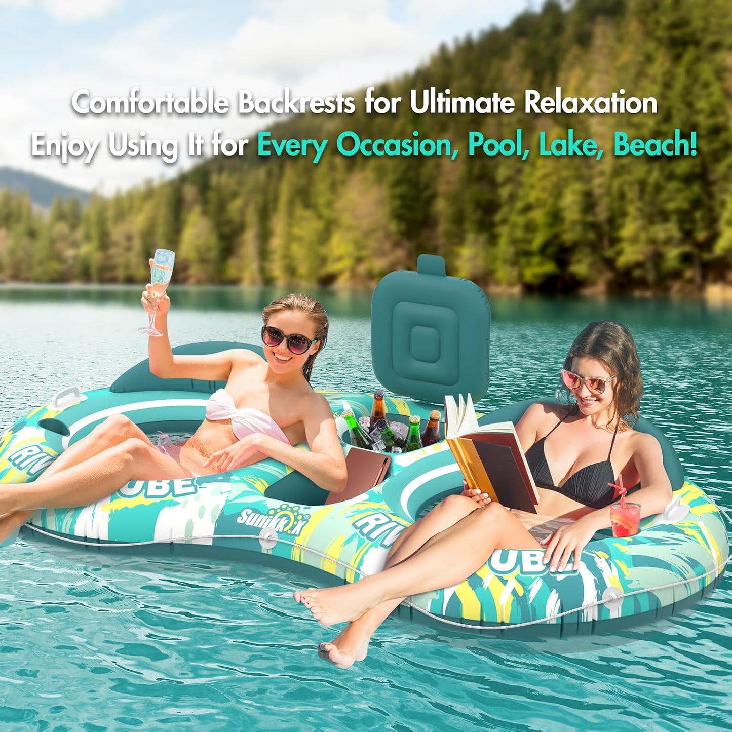Hot Sunikko X 5-in-1 Pool Floats Adult Heavy Duty River Tube, 2 Person Water Lounge Tanning Pool with Backrests, Built-in Cooler, Cup Holders, Deluxe Pool Toys for Summer Relaxation