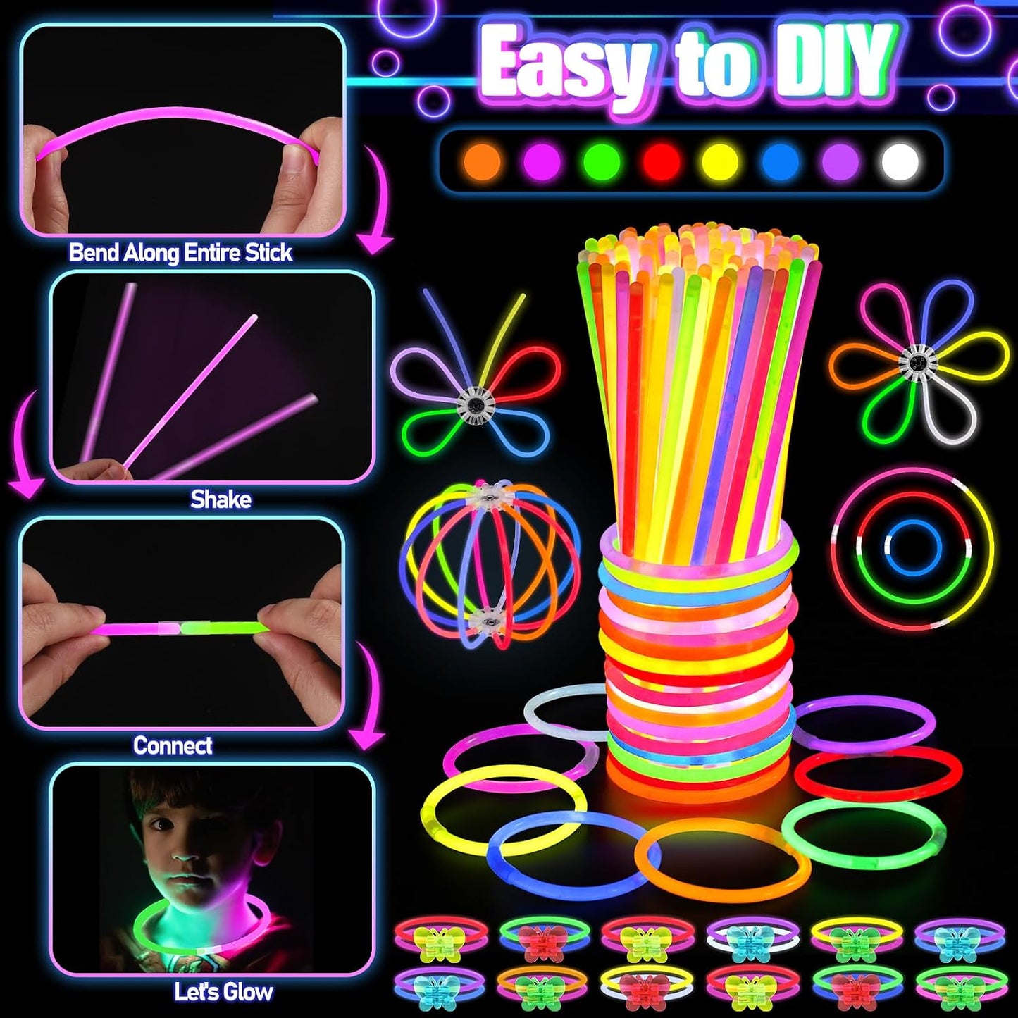 Hot150PCS Glow in the Dark Party Supplies for Kids Adults, Light Up Party Favors with Light Up Glasses, Headband, Rings, 100 Glow Sticks Bulk Party Pack DIY Glow Necklaces Bracelets, Neon Party Supplies