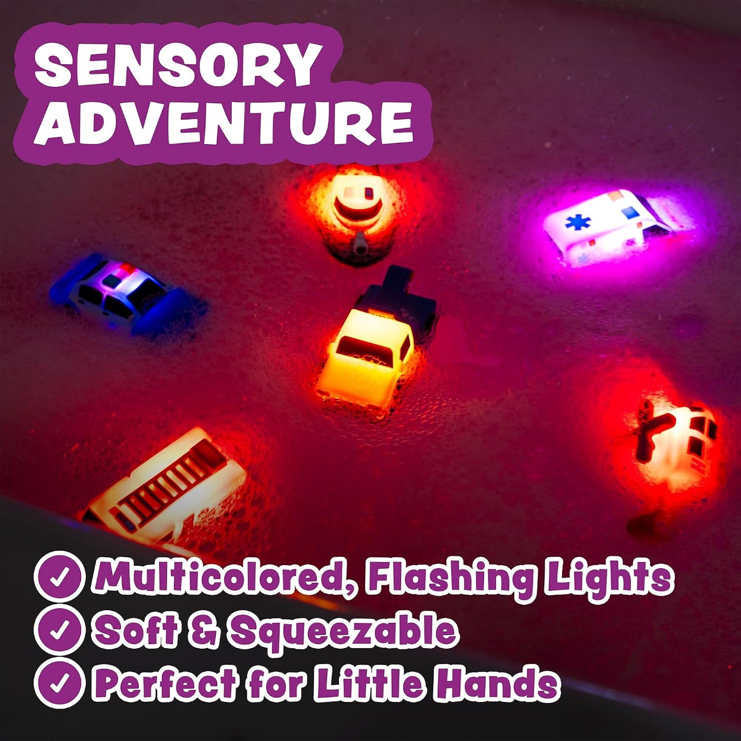 HotTub Works® Emergency™ Cars Light Up Bath Toys, 6 Pack | Water-Activated Light Up Toys Flash & Change Color | Soft, Squeezable Baby & Toddler Bath Toys | Sensory Toys with Bath Lights for Kids Bath