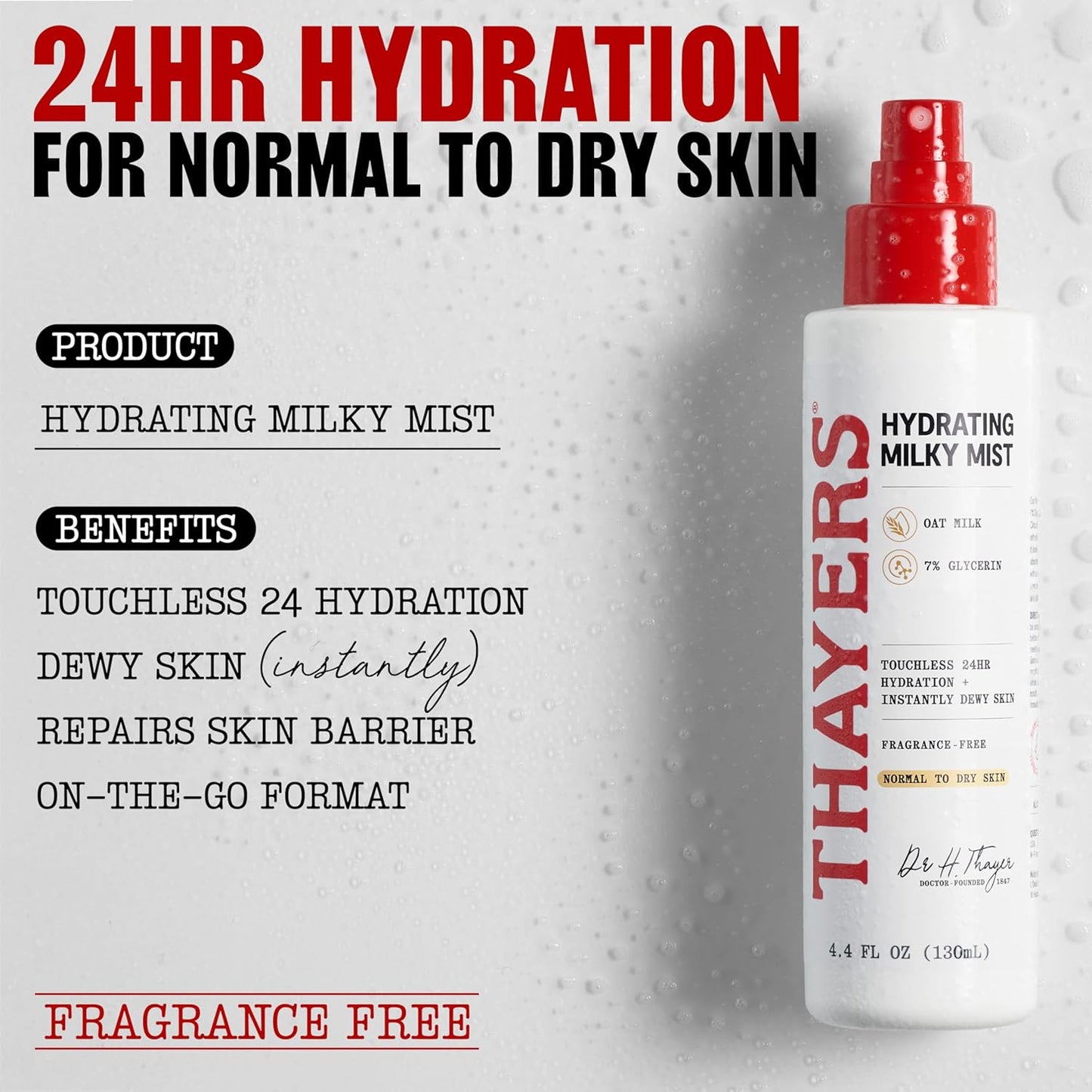 HotTHAYERS Milky Mist with Oat Milk & 7% Glycerin, Facial Spray for Skin Barrier Repair & 24 Hour Hydration, Toner Spray Made for All Skin Types, Fragrance-Free, 4.4 fl oz