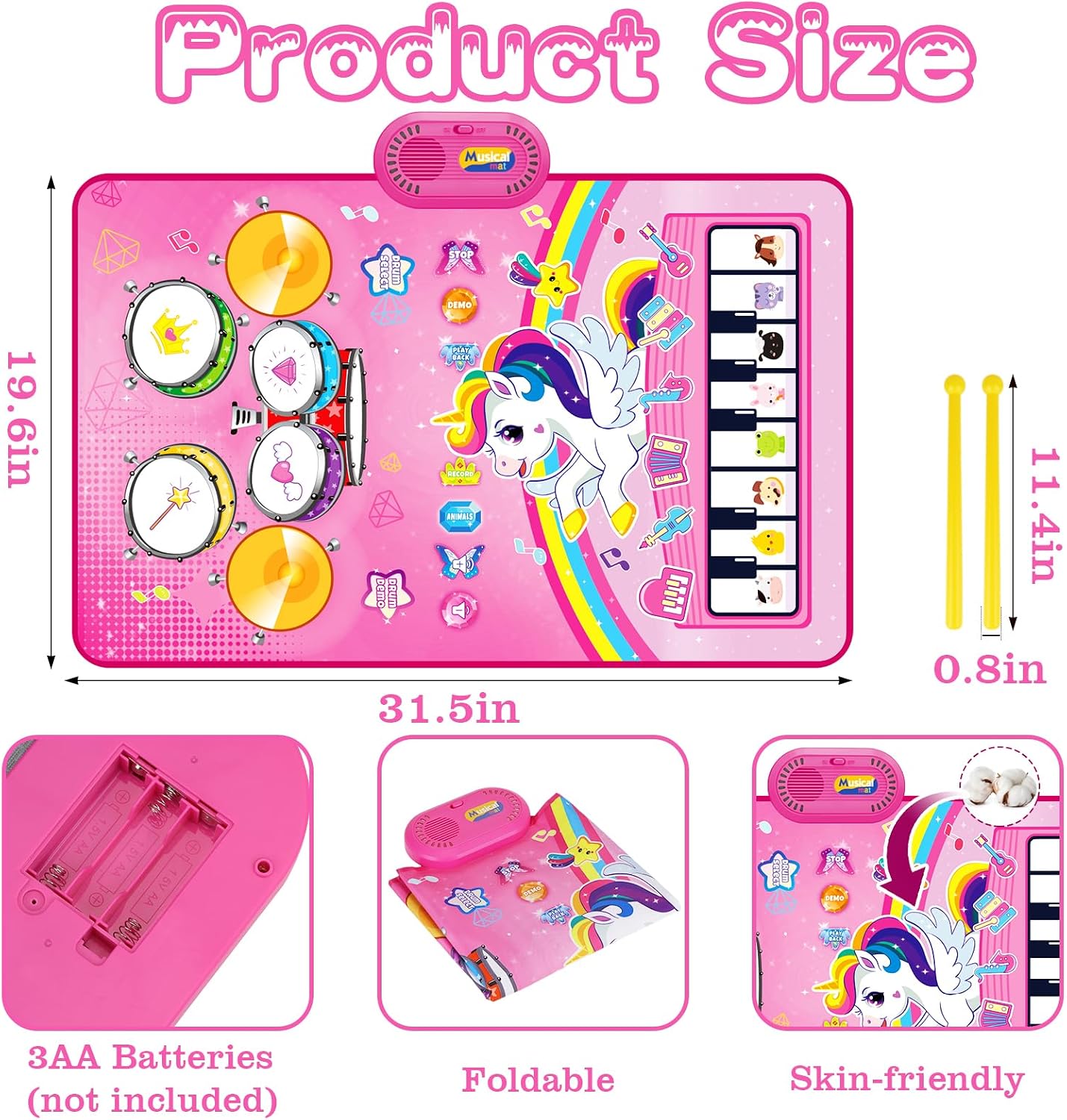 Hot Toys for 1 Year Old Girl Gifts: Baby Music Mat Toddler Toys Age 1-2 - 3 in 1 Piano Drum Animal Touch Unicorn Toy - Infant Musical Toy 12-18 Months Babies Birthday Easter Gifts for 1 2 3 Year Old Girls