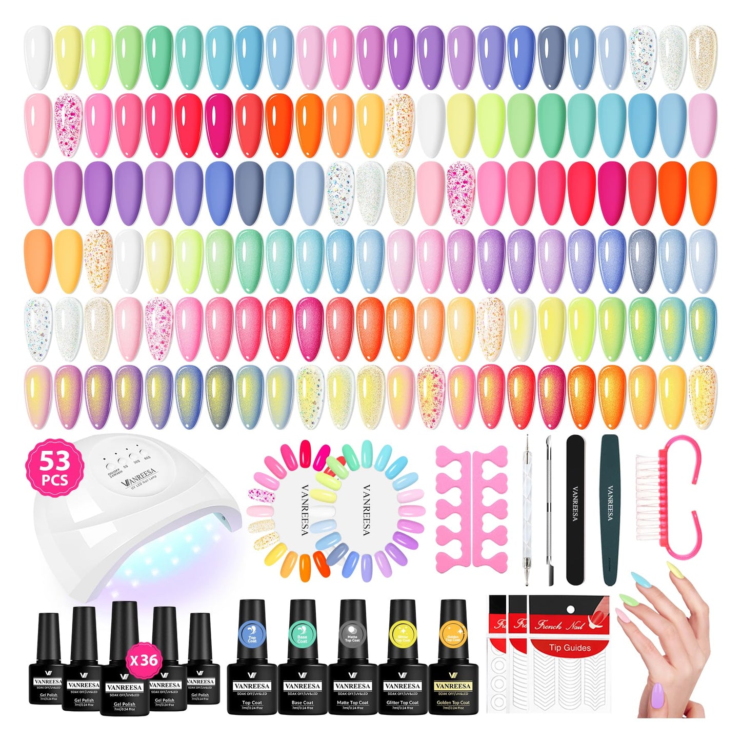 HotVANREESA 60 Pcs Gel Nail Polish Set, 55 Colors Gel Polish with Base Coat & 4 Effects Top Coat Full-Color Nail Polish Set All Seasons Nail Kit Gifts for Women Girls Nail Salon at Home