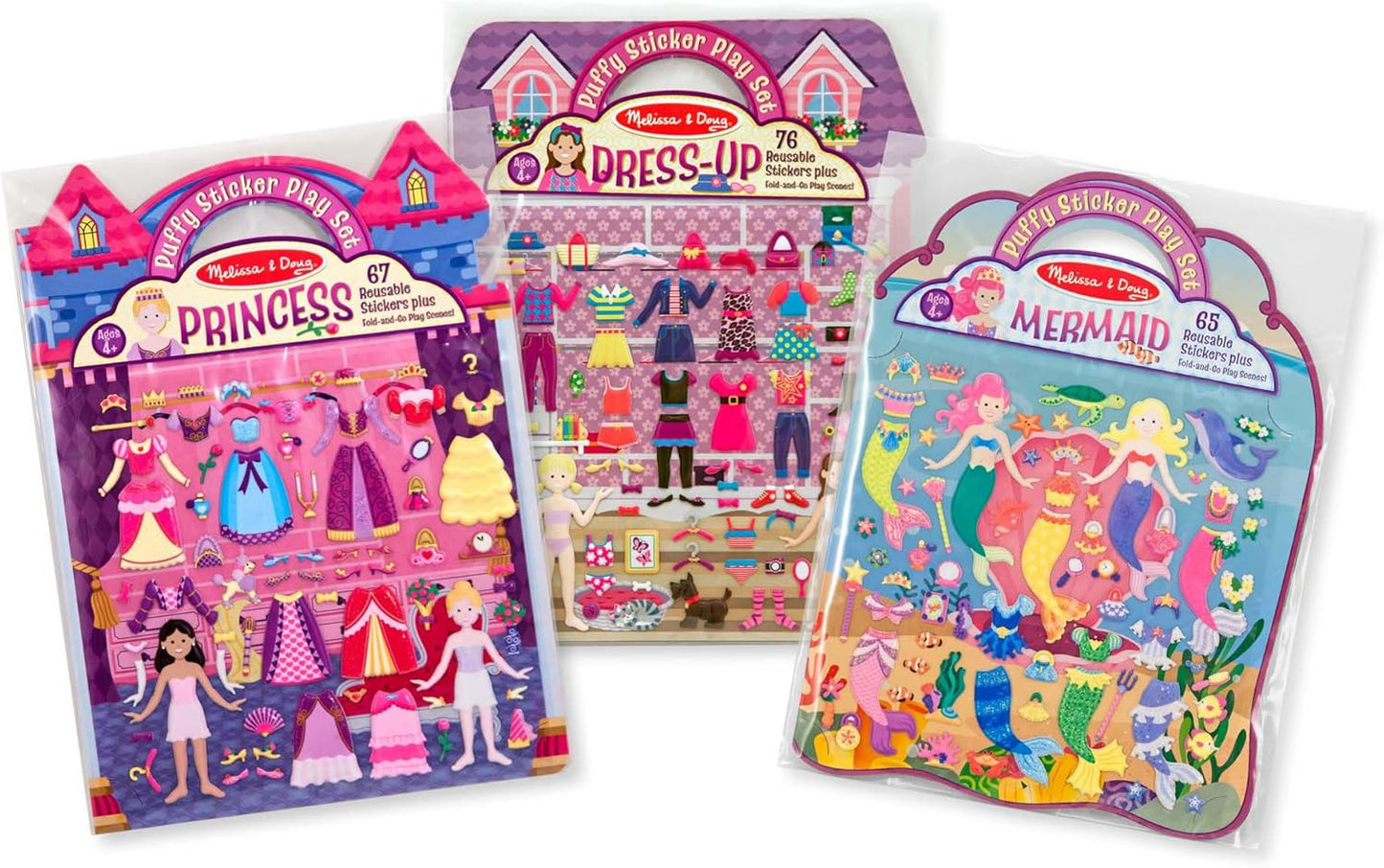 HotMelissa & Doug Puffy Sticker Activity Books Set of 3 – Dress-Up, Princess & Mermaid, with 208 Reusable Stickers and Fold-Out Scenes, Mess-Free Travel Toys for Kids Ages 4+ - FSC Certified