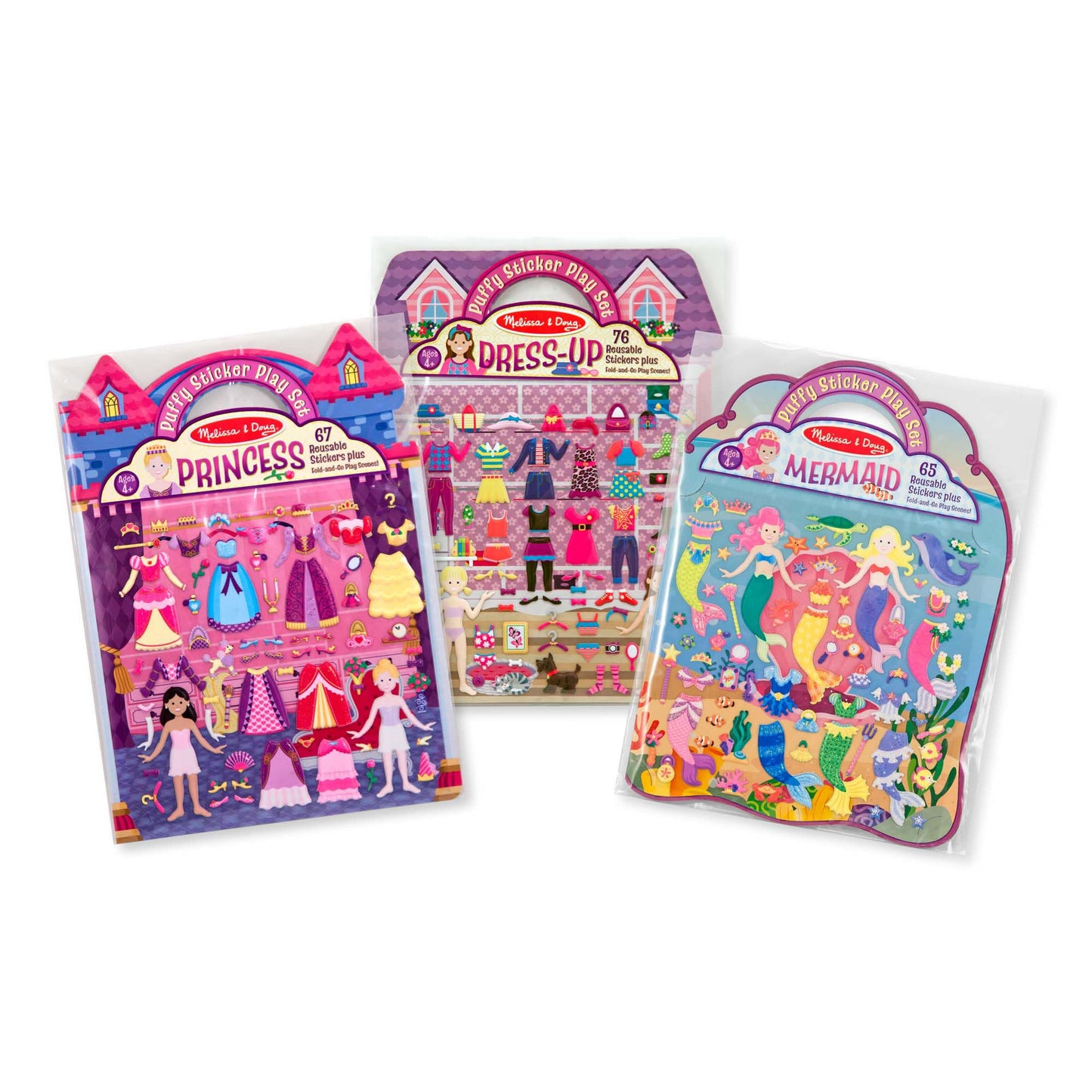 HotMelissa & Doug Puffy Sticker Activity Books Set of 3 – Dress-Up, Princess & Mermaid, with 208 Reusable Stickers and Fold-Out Scenes, Mess-Free Travel Toys for Kids Ages 4+ - FSC Certified