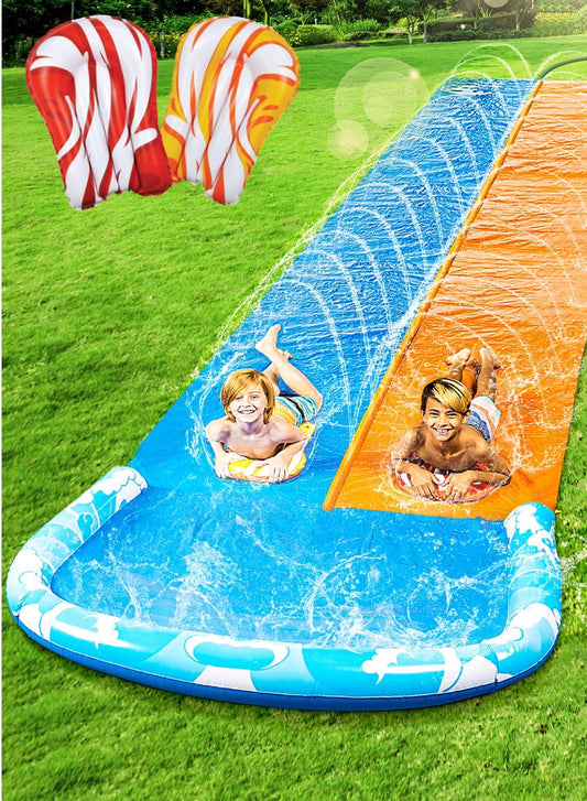HotJOYIN 22.5ft Water Slides and 2 Bodyboards, Lawn Water Slide Summer Slip Waterslides Water Toy with Build in Sprinkler for Backyard Outdoor Water Fun for Kids