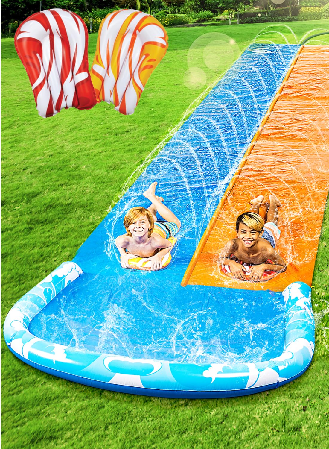 HotJOYIN 22.5ft Water Slides and 2 Bodyboards, Lawn Water Slide Summer Slip Waterslides Water Toy with Build in Sprinkler for Backyard Outdoor Water Fun for Kids