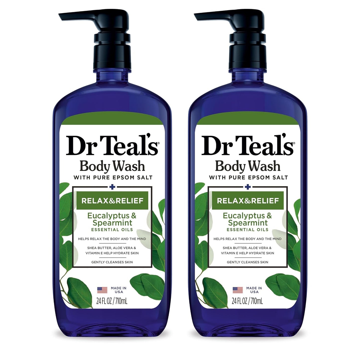 HotDr Teal's Body Wash with Pure Epsom Salt, Relax & Relief with Eucalyptus & Spearmint, 24 fl oz (Pack of 2)