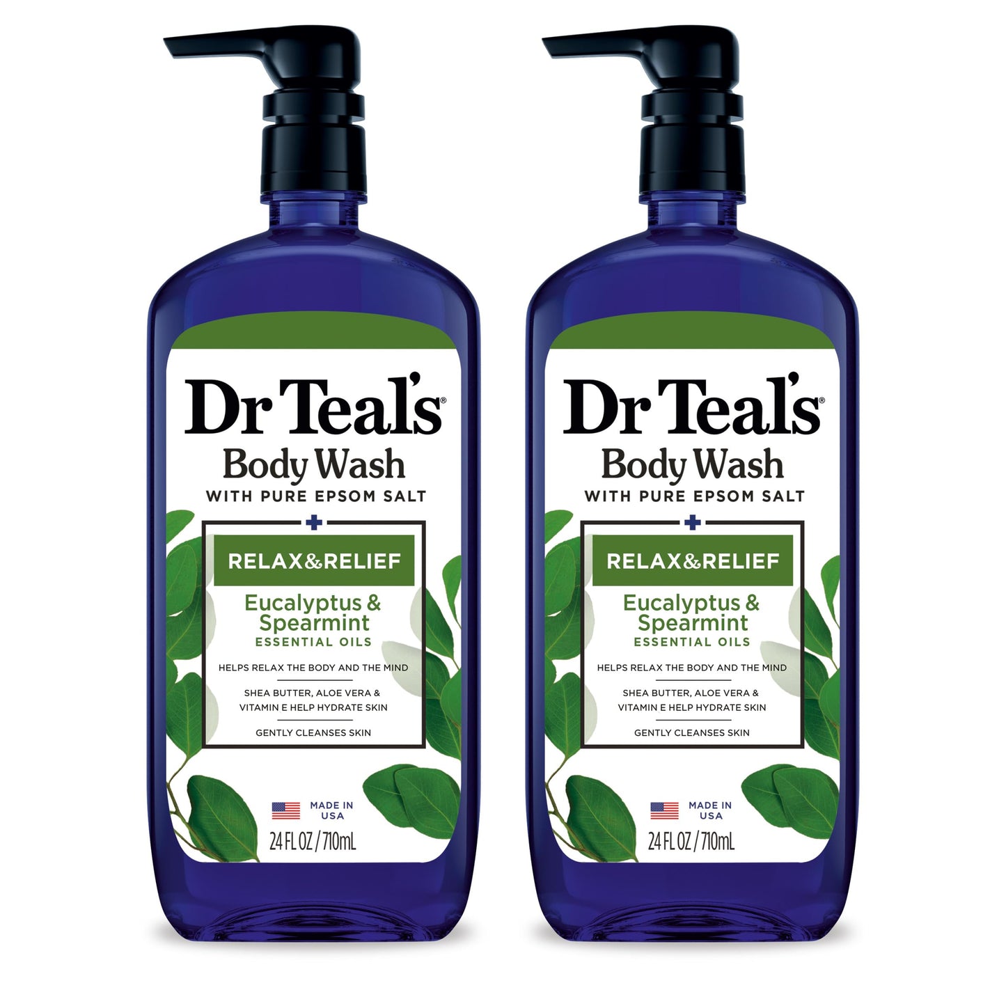 HotDr Teal's Body Wash with Pure Epsom Salt, Relax & Relief with Eucalyptus & Spearmint, 24 fl oz (Pack of 2)