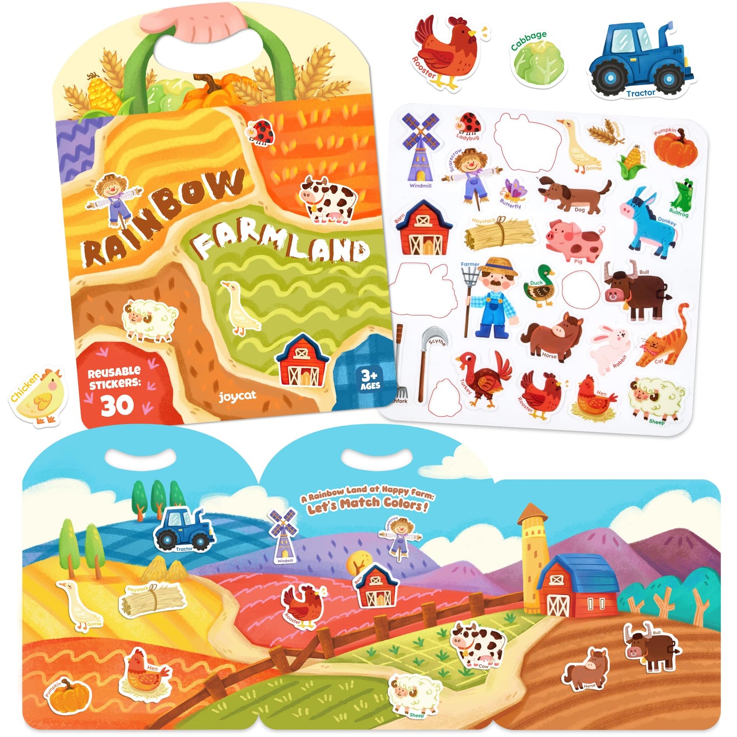 HotJoyCat Reusable Sticker Book Set (3-Pack): Farm, Pizza-Making, Weather - 90 Pcs Stickers for Toddlers, Kids Sticker Activity Book, Road Trip Travel Toys, Birthday Gifts for Boys and Girls