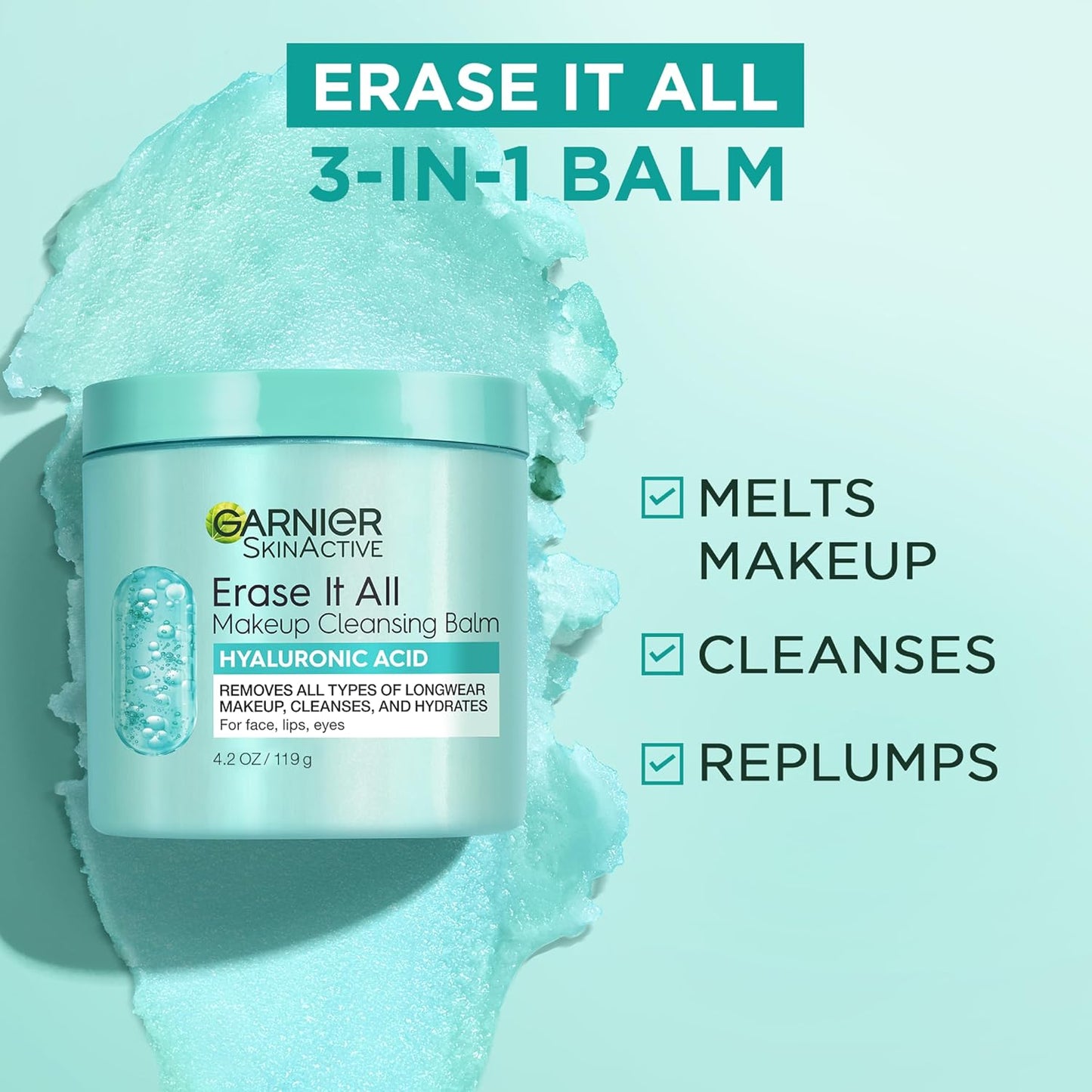 HotGarnier Erase It All Makeup Cleansing Balm with Hyaluronic Acid, Replumping Facial Cleanser and Makeup Remover, 4.2 Oz