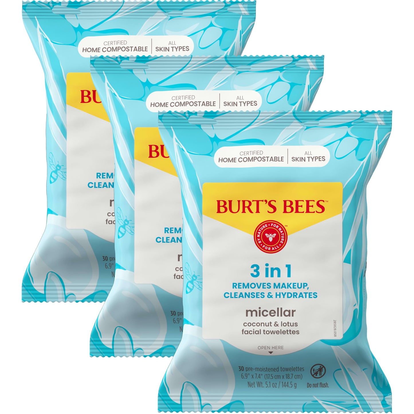 HotBurts Bees Micellar Rose Water Facial Towelettes, 100% Plant Based Cloth; 99% Natural Origin; Remove Makeup, Cleanse, Hydrate; No Greasy, Oily Residue; All Skin Types; 30 Ct, Pack of 3 (Pack May Vary)