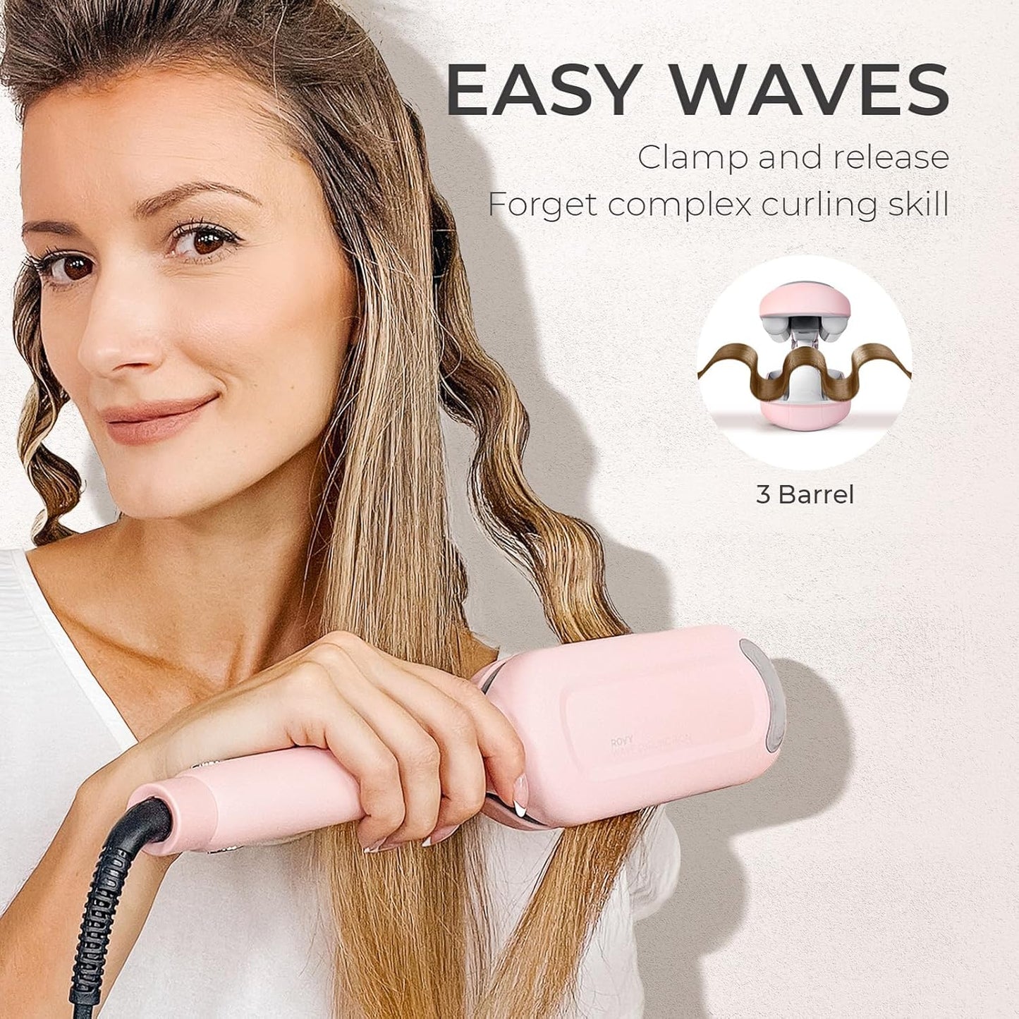 HotCurling Iron Hair Crimper Waver - TYMO ROVY Beach Waves Curling Wand, Ionic Deep Waver Hair Curler Tool with Ceramic 3 Barrel for Women, Dual Voltage, Anti-Scald, Easy to Use, Pink, 1.25 Inch