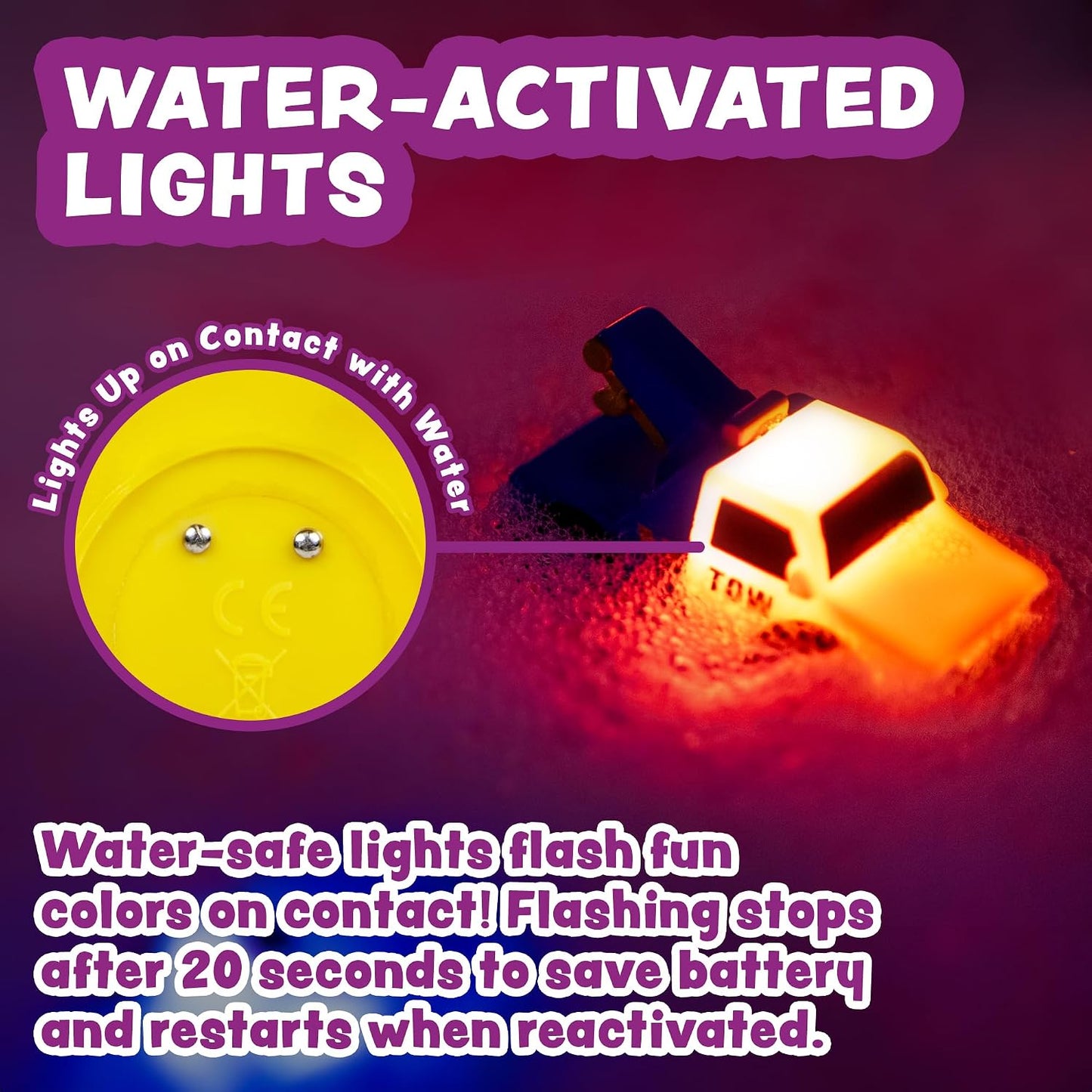 HotTub Works® Emergency™ Cars Light Up Bath Toys, 6 Pack | Water-Activated Light Up Toys Flash & Change Color | Soft, Squeezable Baby & Toddler Bath Toys | Sensory Toys with Bath Lights for Kids Bath