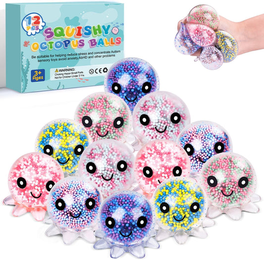 HotVESPRO 12 Pack Fidget Stress Balls for Adults, Cute Octopus Stress Ball | Stress Sensory Stress Ball, Bulk Squishy Squeeze Ball Toys Set for Classroom Prizes and Birthday Party Favors