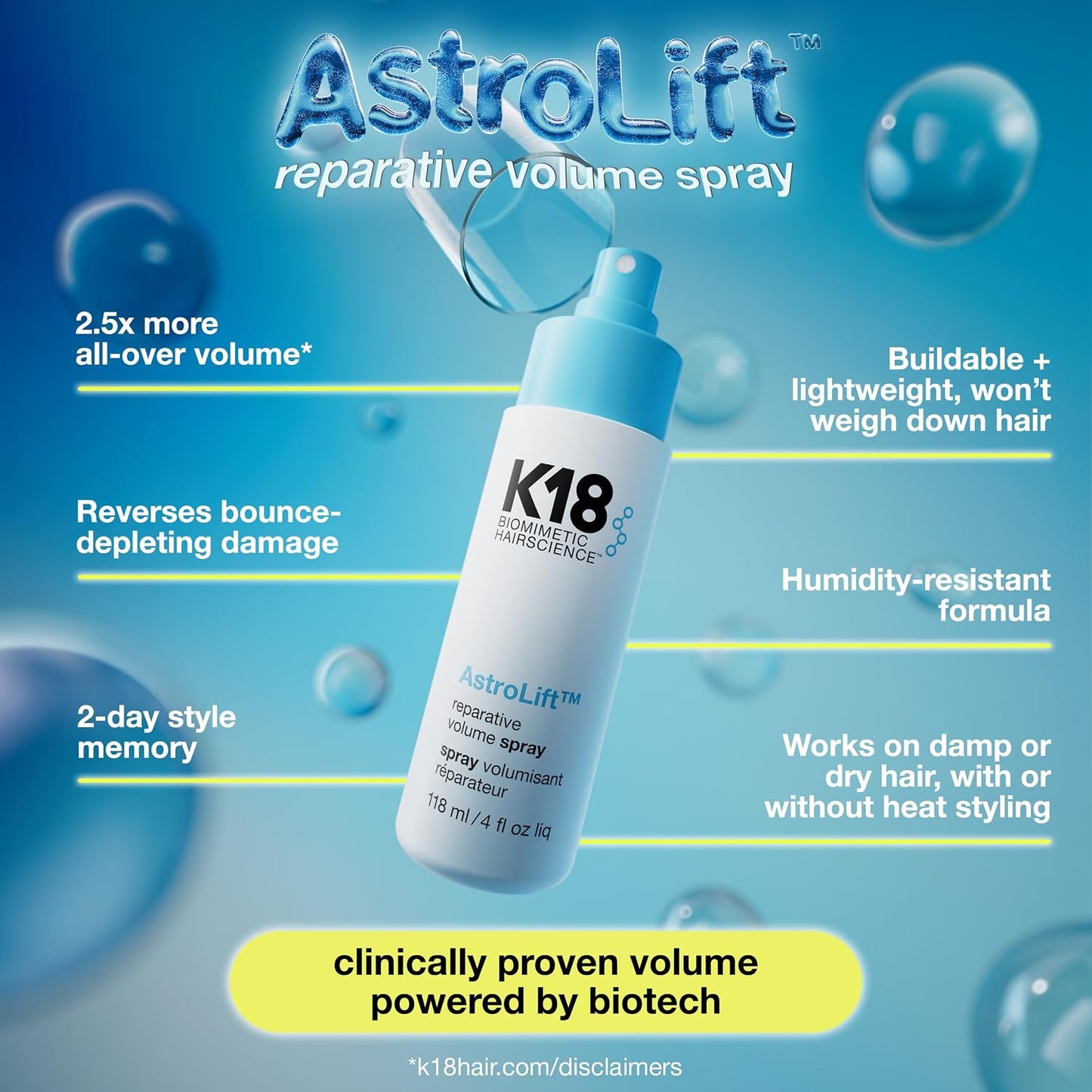 HotK18 AstroLift™ Reparative Volume Spray, 2-Day Hair Thickening + Hold For Thin, Fine, Fragile Hair, Non-Sticky, Non-Crunchy, Humidity-Resistant Volumizing Spray