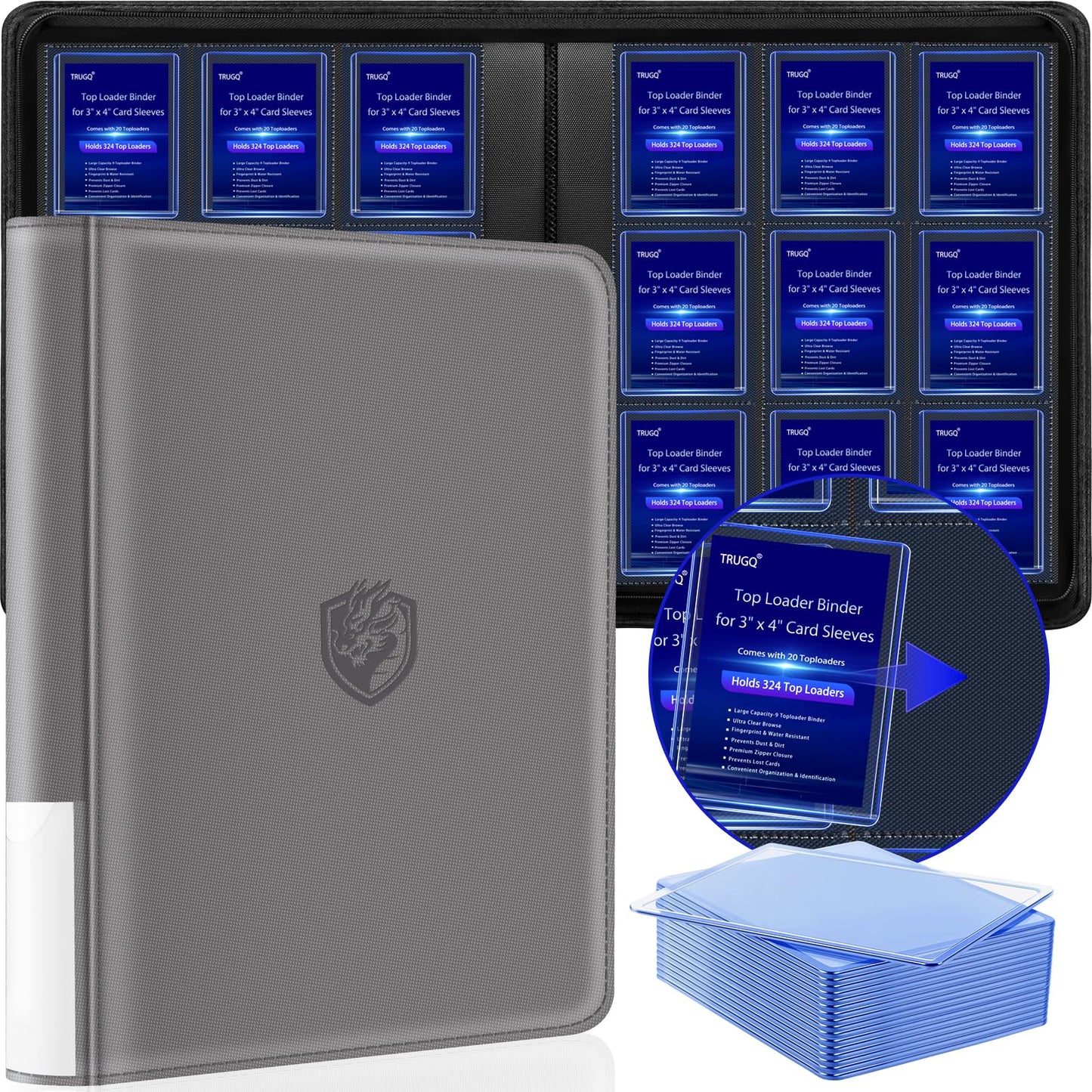 HotToploader Binder Holds 324 Toploaders - 20 Toploaders|Waterproof PU Leather + Anti-Yellowing PP Inserts | Ridge Tab Sorting Portable top loader binder for cards(For Sports/Game Cards)