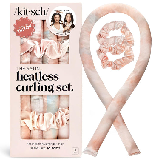HotKitsch Satin Heatless Curls Overnight Set - Sunset Tie Dye | No Heat Damage Overnight Curls | Comfortable Frizz Free Hair Curlers To Sleep In with 34" Hair Waver & 2 Satin Scrunchies