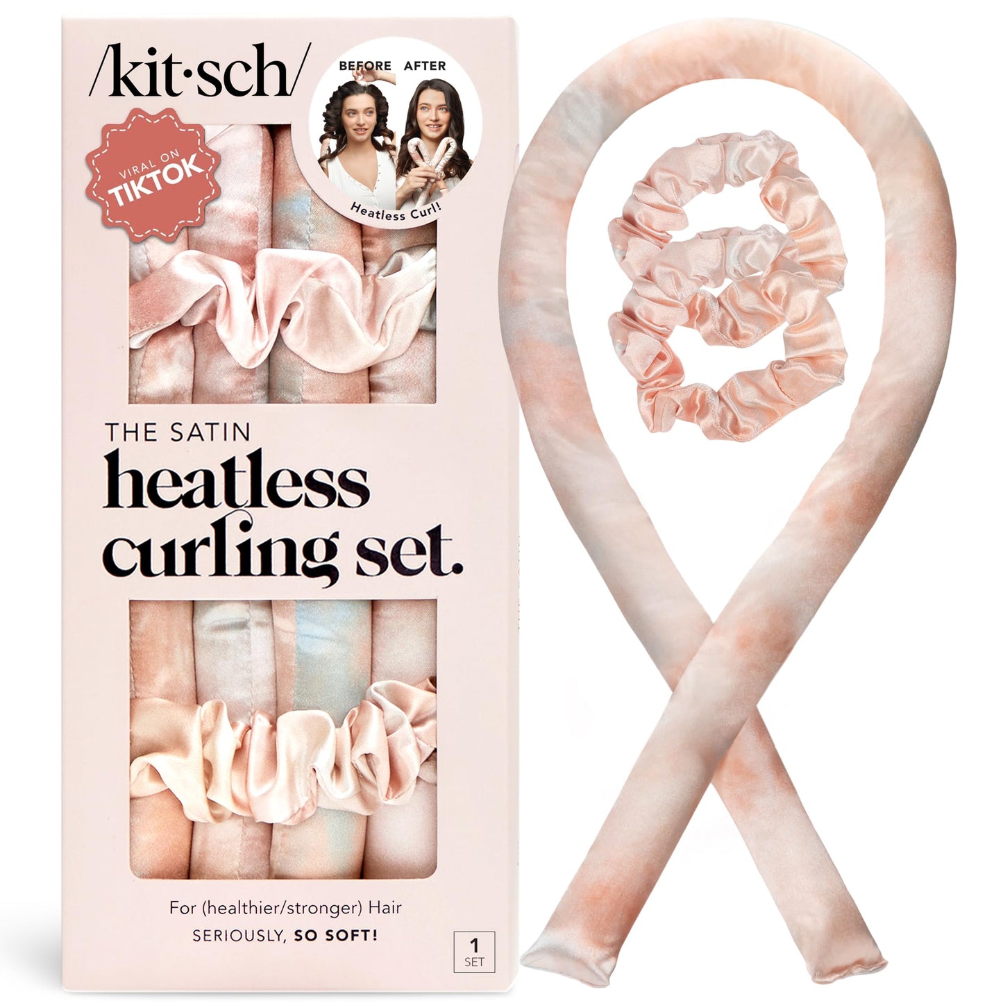 HotKitsch Satin Heatless Curls Overnight Set - Sunset Tie Dye | No Heat Damage Overnight Curls | Comfortable Frizz Free Hair Curlers To Sleep In with 34" Hair Waver & 2 Satin Scrunchies