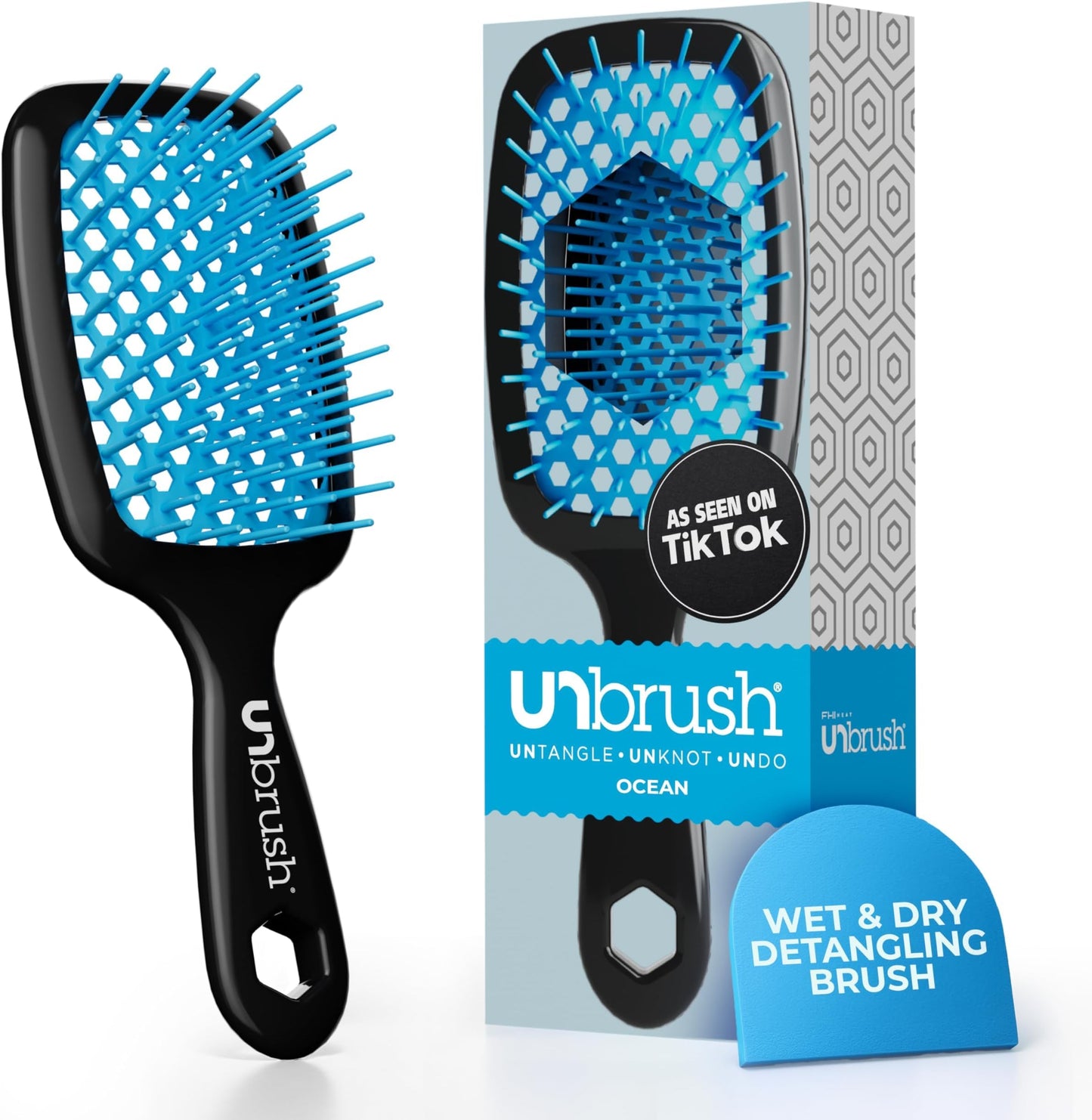 HotFHI Heat UNbrush Detangling Brush for Pain-Free Brushing on All Wet or Dry Hair Types — Durable DuoFlex Anti-Static Bristles, Lightweight Handle, Vented Hair Brush, Periwinkle Light Blue