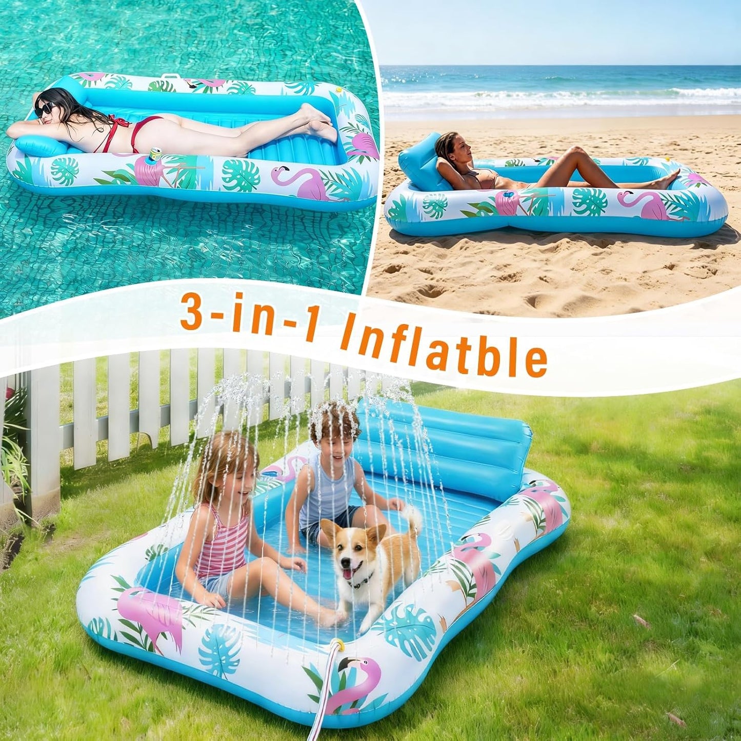 Hot Inflatable Tanning Pool Lounger Float with Sprinkler, Pool Float Adult with Pillow & Cup Holder, Sunbathing Blow Up Tanning Bed, Suntan Tub Raft Floatie for Backyard Summer Water Party Extra-Large