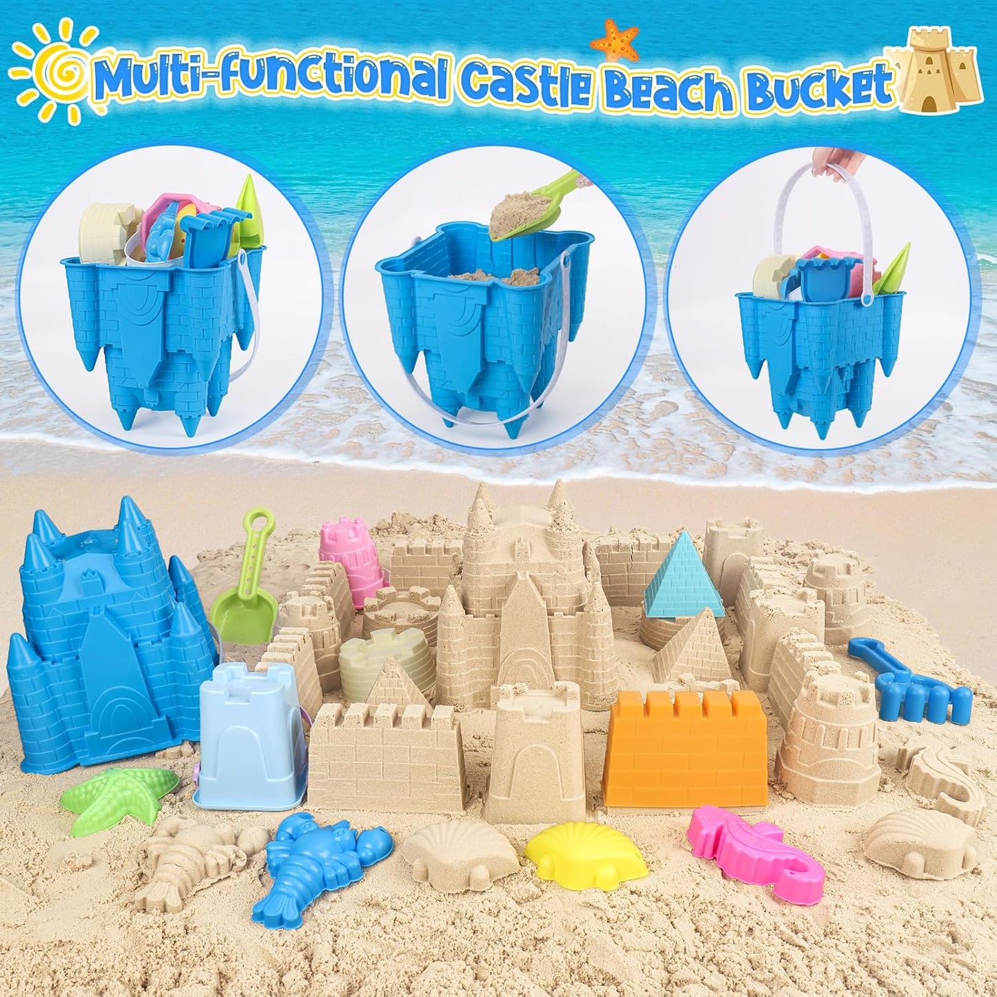 Hot FUSPWEAO Beach Sand Toys, Sand Castle Toys with Castle Bucket, Creative Molds, Shovel and Rake, Sandbox Play Set for Kids Ages 3-12, Outdoor Summer Beach Essentials for Building & Playing