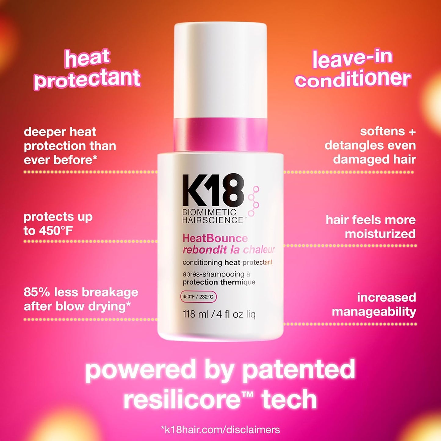 HotK18 HeatBounce Conditioning Heat Protectant Spray, Lightweight Leave-In Conditioner + 450℉ (232°C) Inside-Out Heat Protection, Soften, Smooth + Detangle All Hair Types