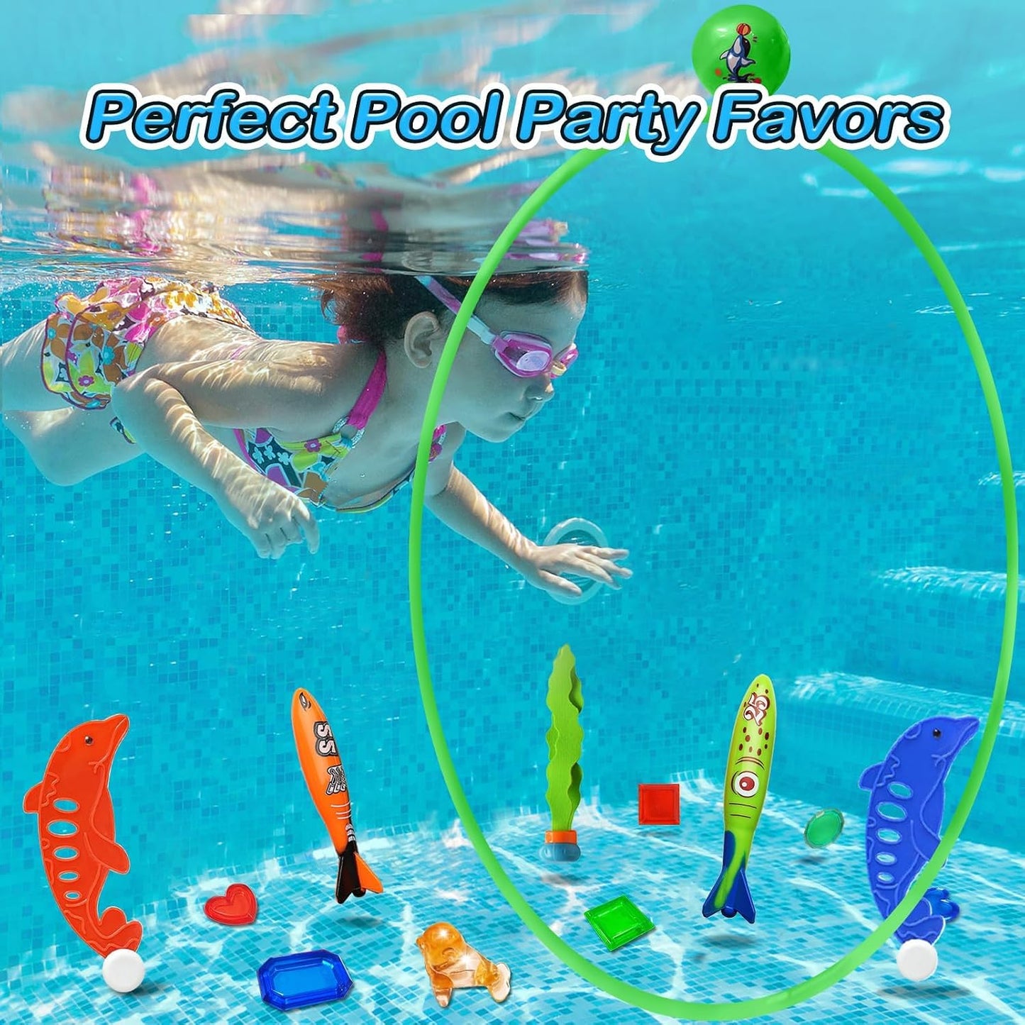 HotJasonwell Pool Toys Diving Rings - 28PCS Swim Thru Rings Pool Game Diving Toys with Dive Ring Underwater Treasures Torpedo Bandits Fish Toy Fun Water Swimming Toy for Boys Girls Kids Teens Adults